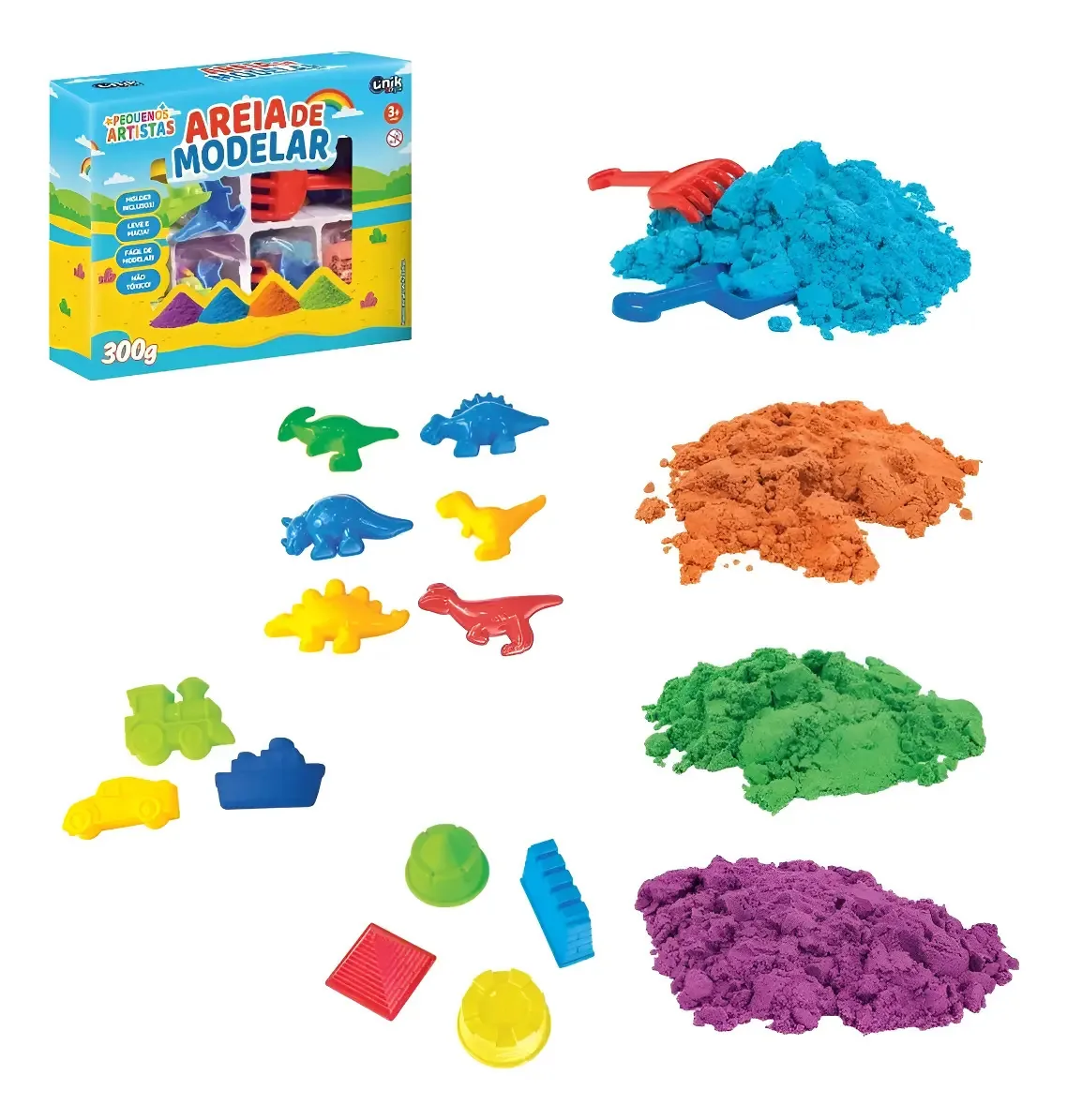 Areia Cinética Unik Toys 300g Colorida Com Acessórios Para Crianças
