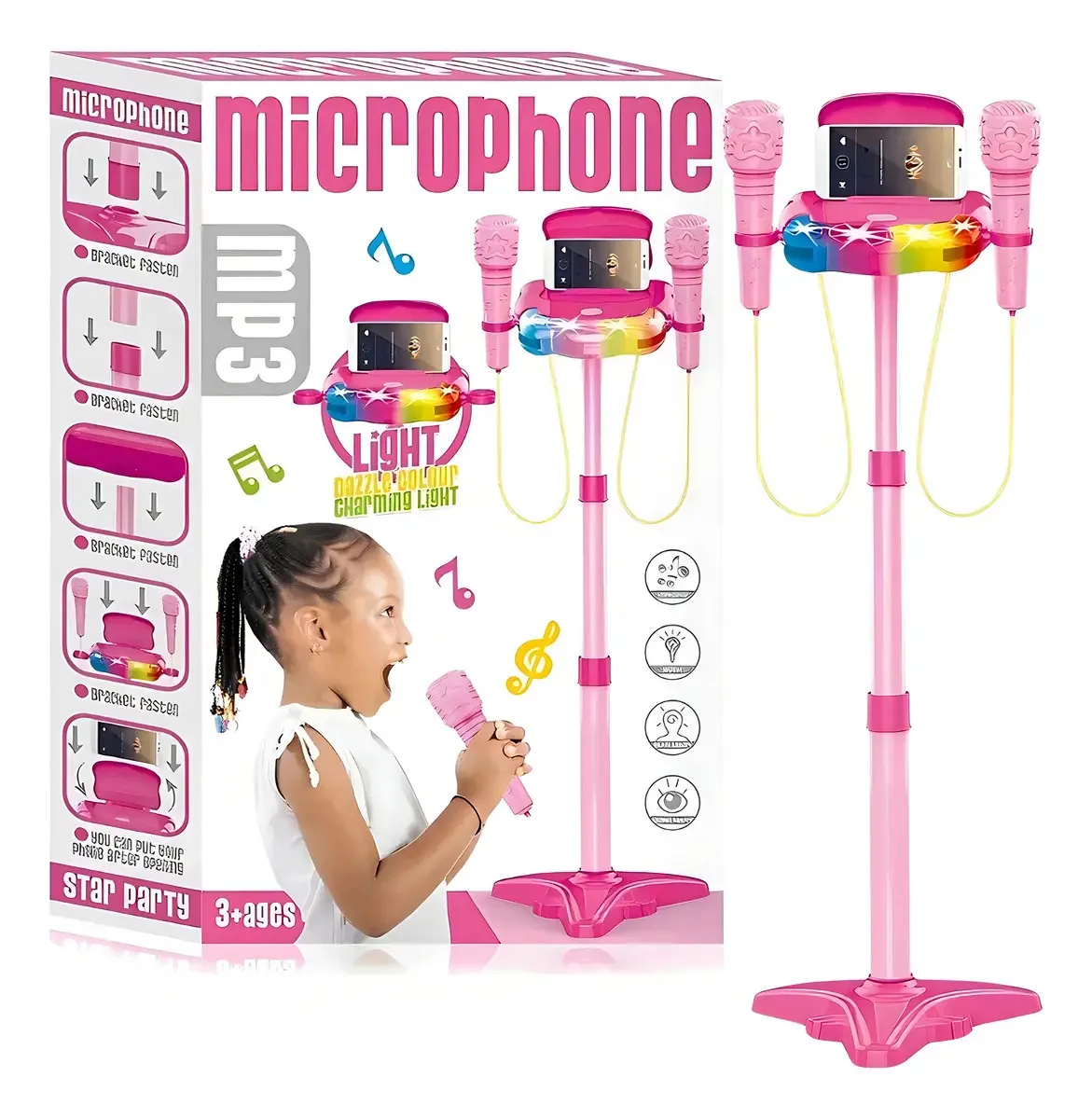 Pedestal Rosa Com 02 Microfones Com Luz E Som - Castela