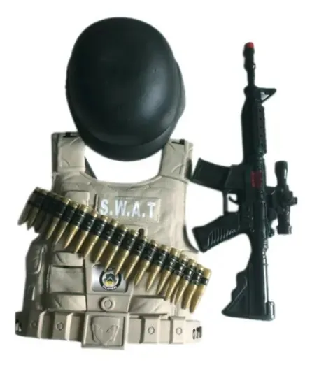 Brinquedo Kit Policial Bombeiro Com Rifle Colete Acessórios Cor Bege S.w.a.t