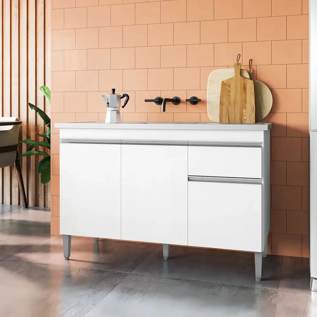 Balcão de Cozinha Branco AJL Móveis Tatiane 3 Portas
