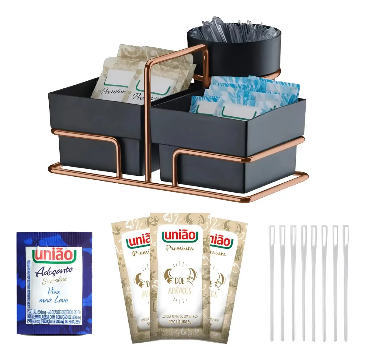 Açucar Sache Uniao + Adoçante Sache + Porta Sache + Mexedor