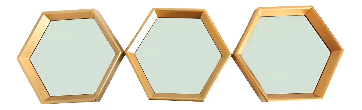 Kit 03 Espelhos Decorativo Moldura Hexagonal Dourado