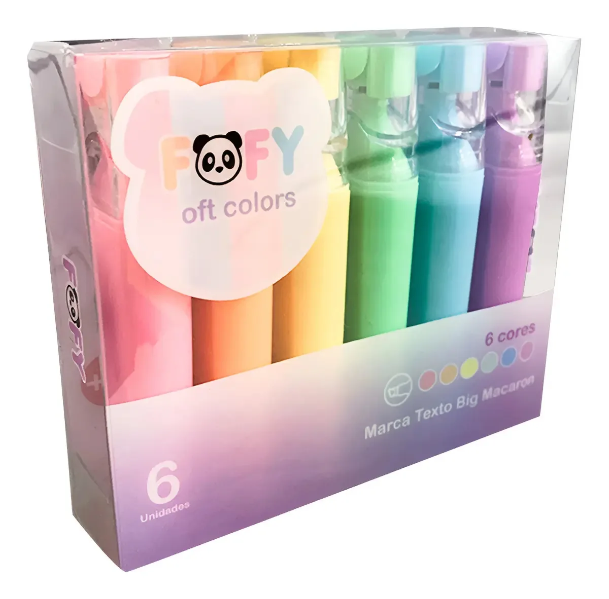 Marca Texto Fofy Big Macaron 6 Cores Tons Pasteis e Fluorescentes