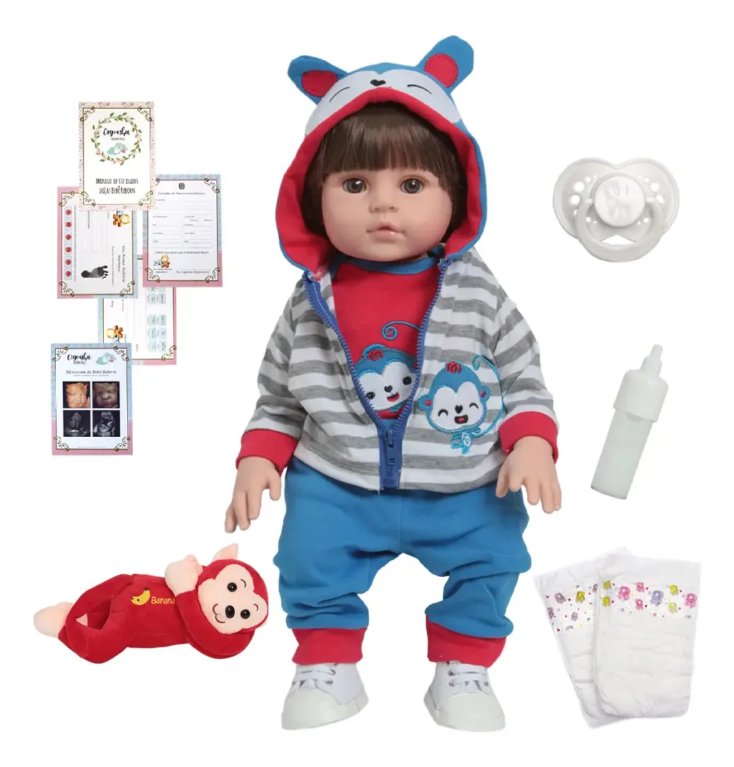Bebê Reborn Boneco Menino Realista Corpo Silicone Bichinhos Cegonha Reborn Dolls Vinil Siliconado Atóxico Articulado Acessórios Conjunto Luxo Mamadeira Fralda Pelúcia Brinquedo Infantil
