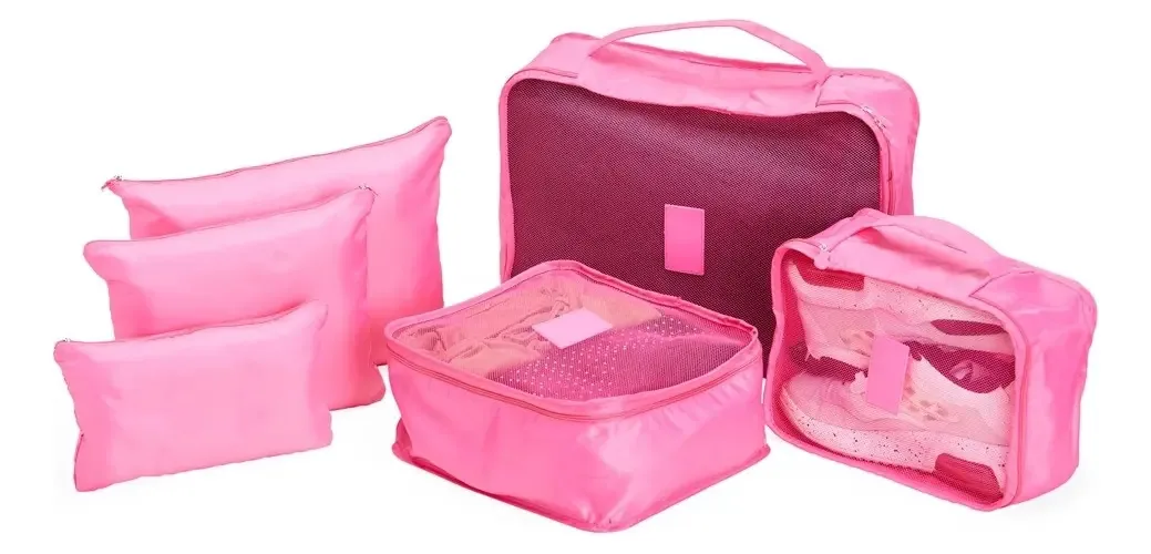 Kit 6 Nécessaires Viagem Nylon Liso Rosa Tamanhos Variados ARN