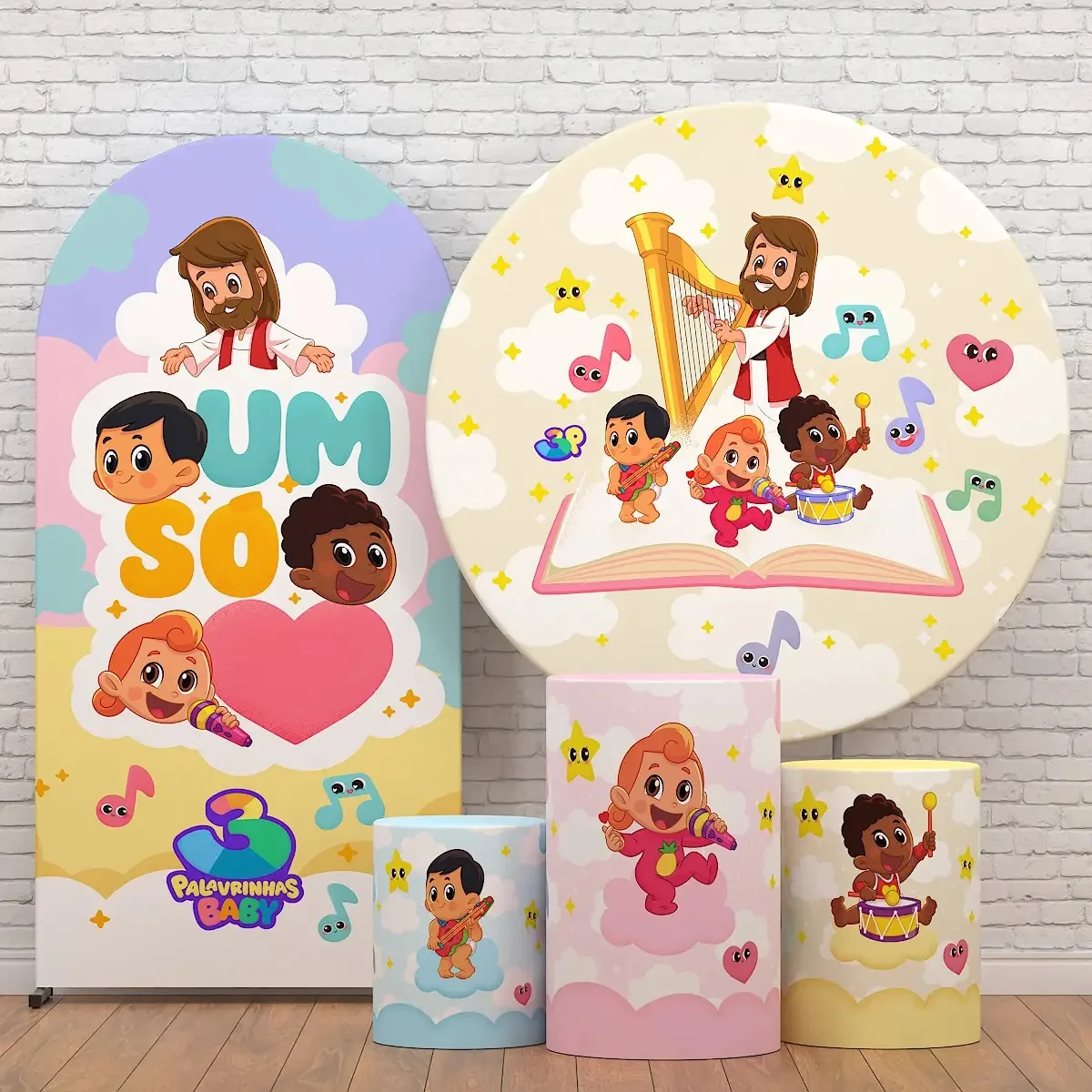 Decoração de Festa 3 Palavrinhas Painéis e Cilindro Aniversário Infantil Tecido Licenciado