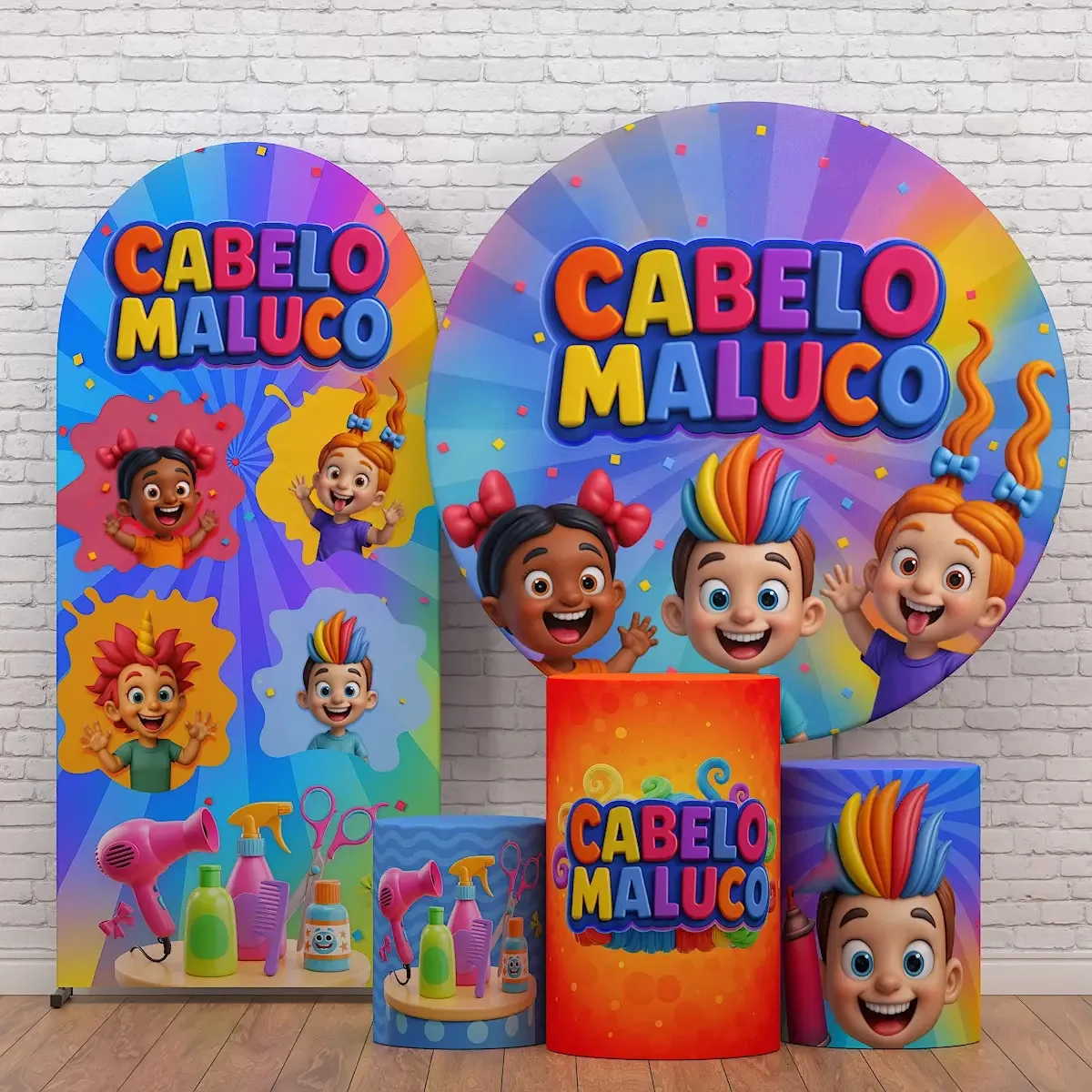 Kit Festa Painel E Capa Cilindro Cabelo Maluco Festa Em Tecido Veste Fácil
