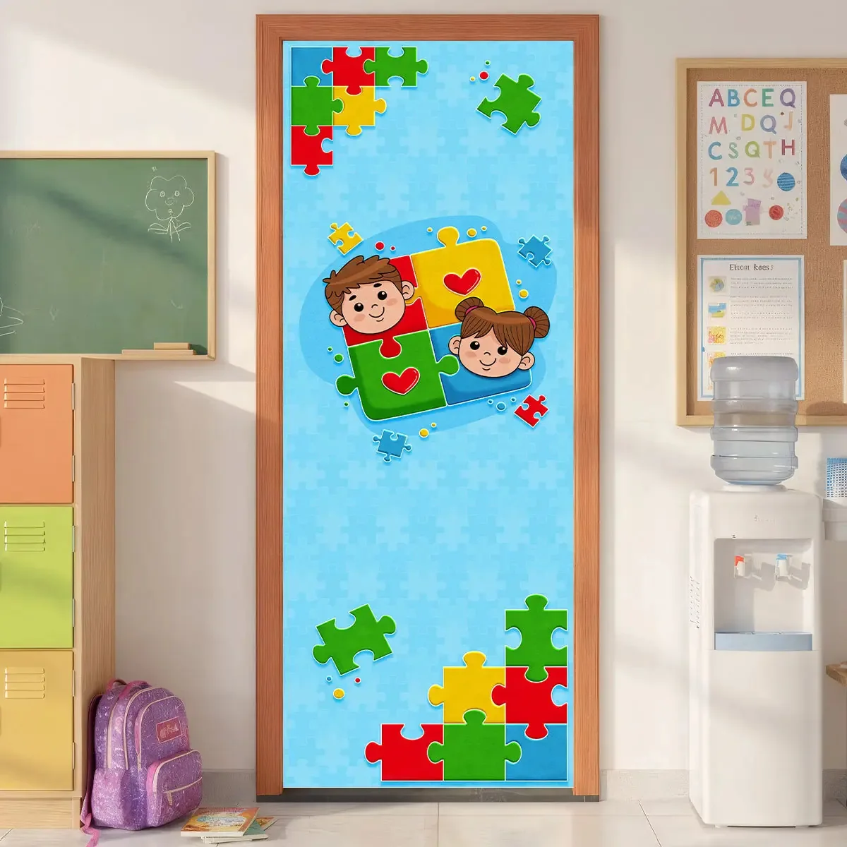 Capa De Porta Decoração Escolar Conscientização Autismo Em Tecido 0,85x2,10m