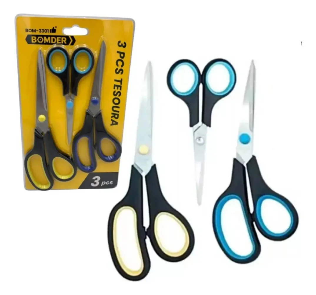 Kit Tesouras 3pçs Multiuso Inox Tecido Papelaria Bom-3301