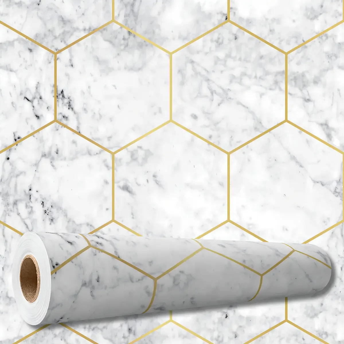 Adesivo Decorativo 5 Mt Papel Parede Mármore Carrara Geométrico Dourado Cozinha Box Banheiro Lavável Printoriah