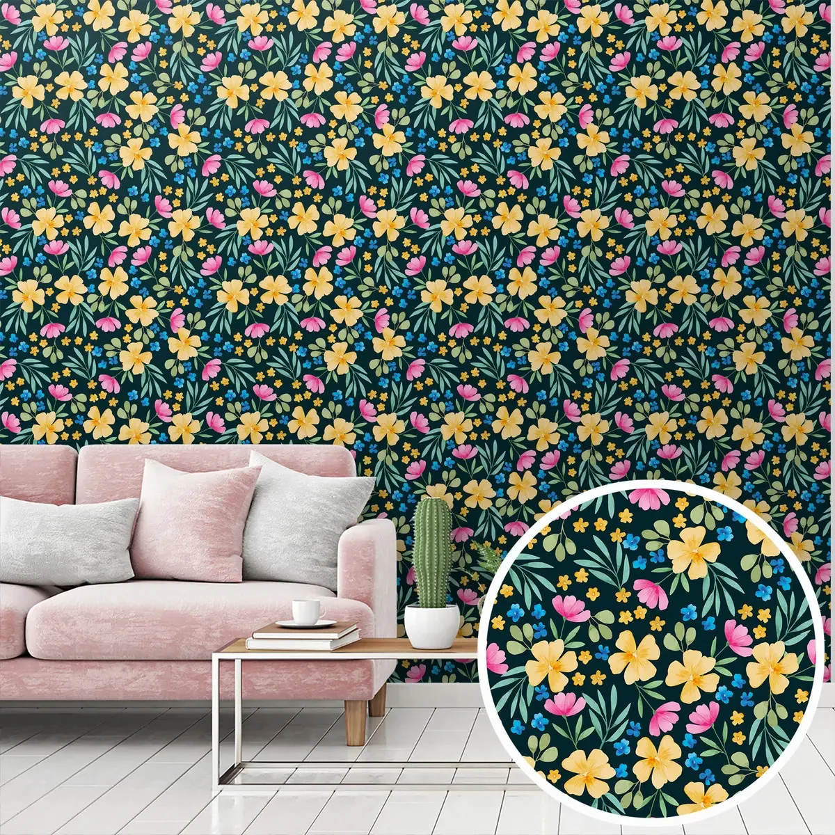 Adesivo Decorativo Papel Parede 3m Floral Amarelo Rosa Azul Verde Printoriah Smt0079