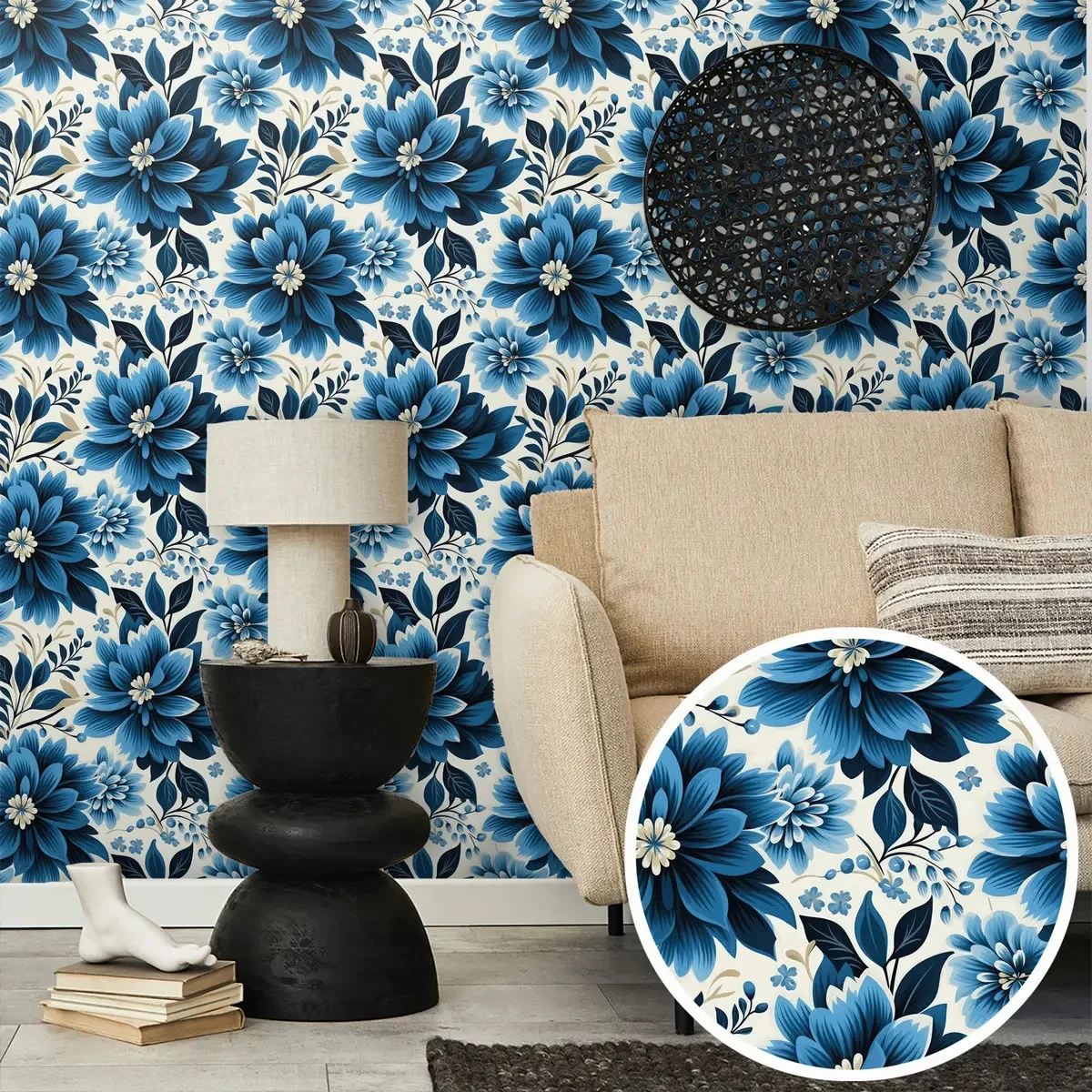 Adesivo Decorativo Papel Parede 3m Floral Azul Marinho Claro Bege Printoriah Smt0124