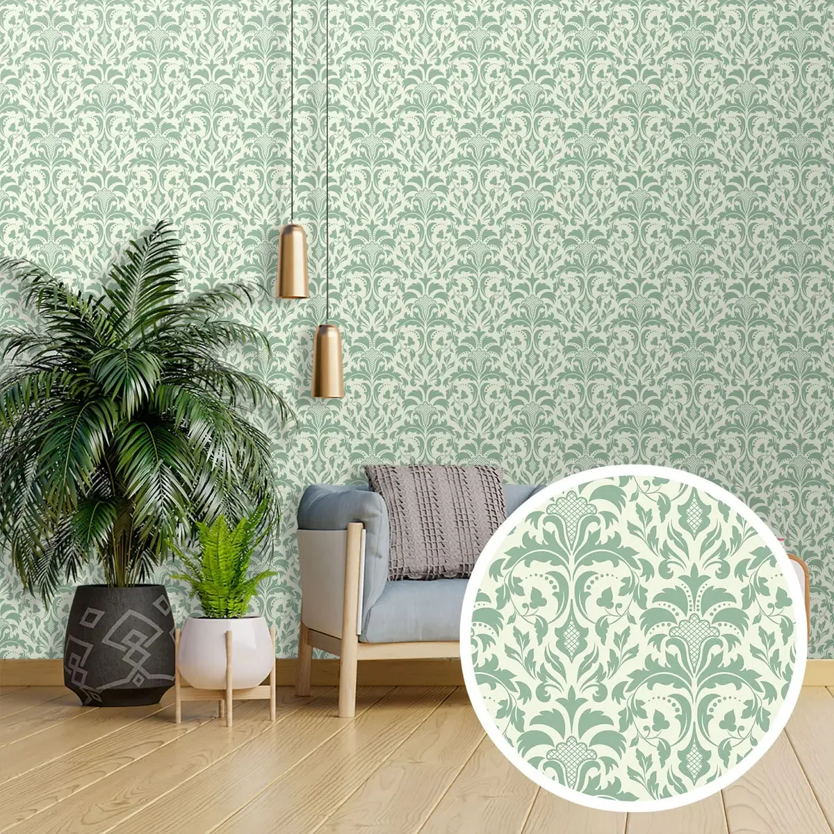 Adesivo Decorativo Papel Parede 3m Estampa Barroca Folhas Arabescos Verde Claro Fundo Creme
