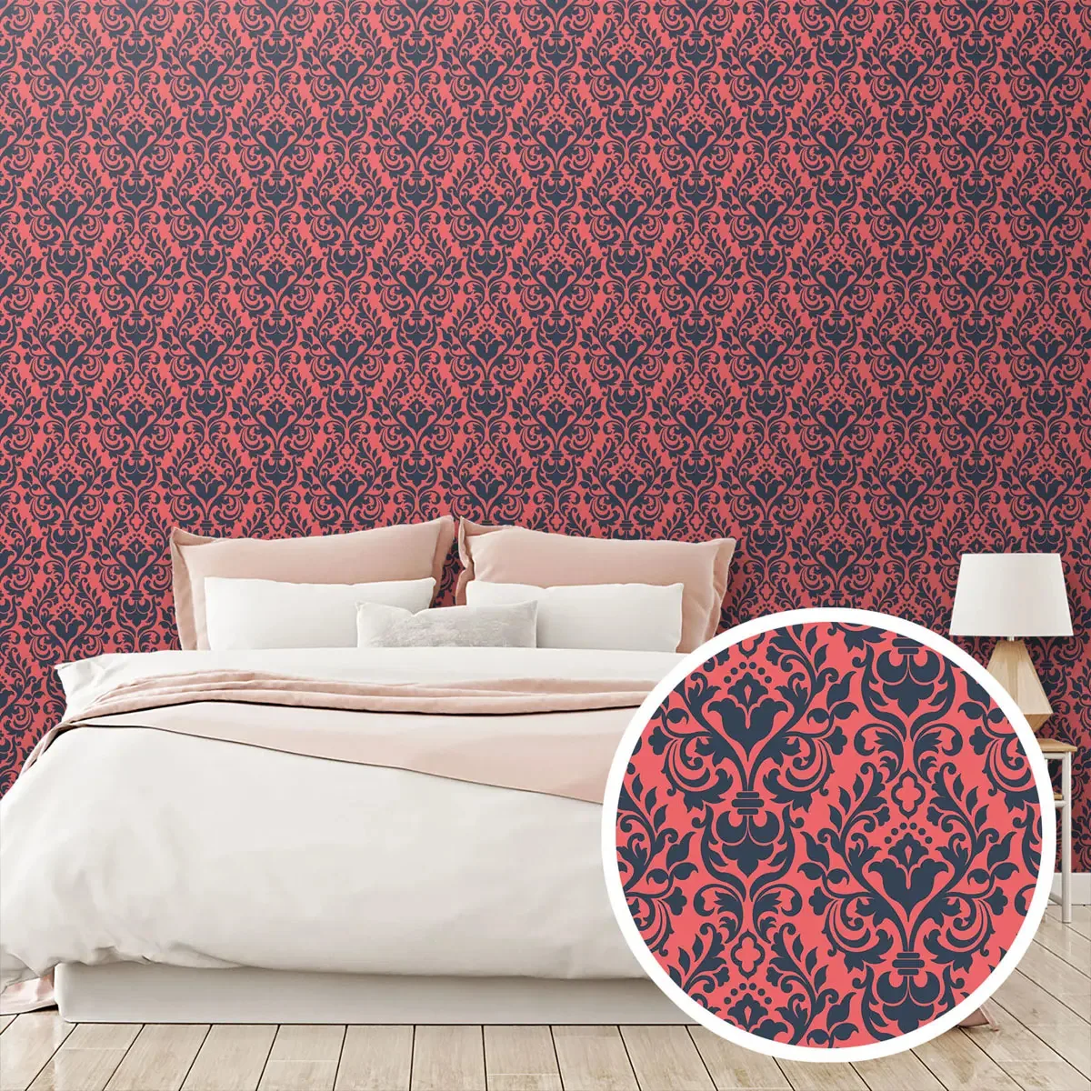 Adesivo Decorativo Papel Parede 3m Estampa Barroca Arabescos Simétricos Coral E Azul-marinho