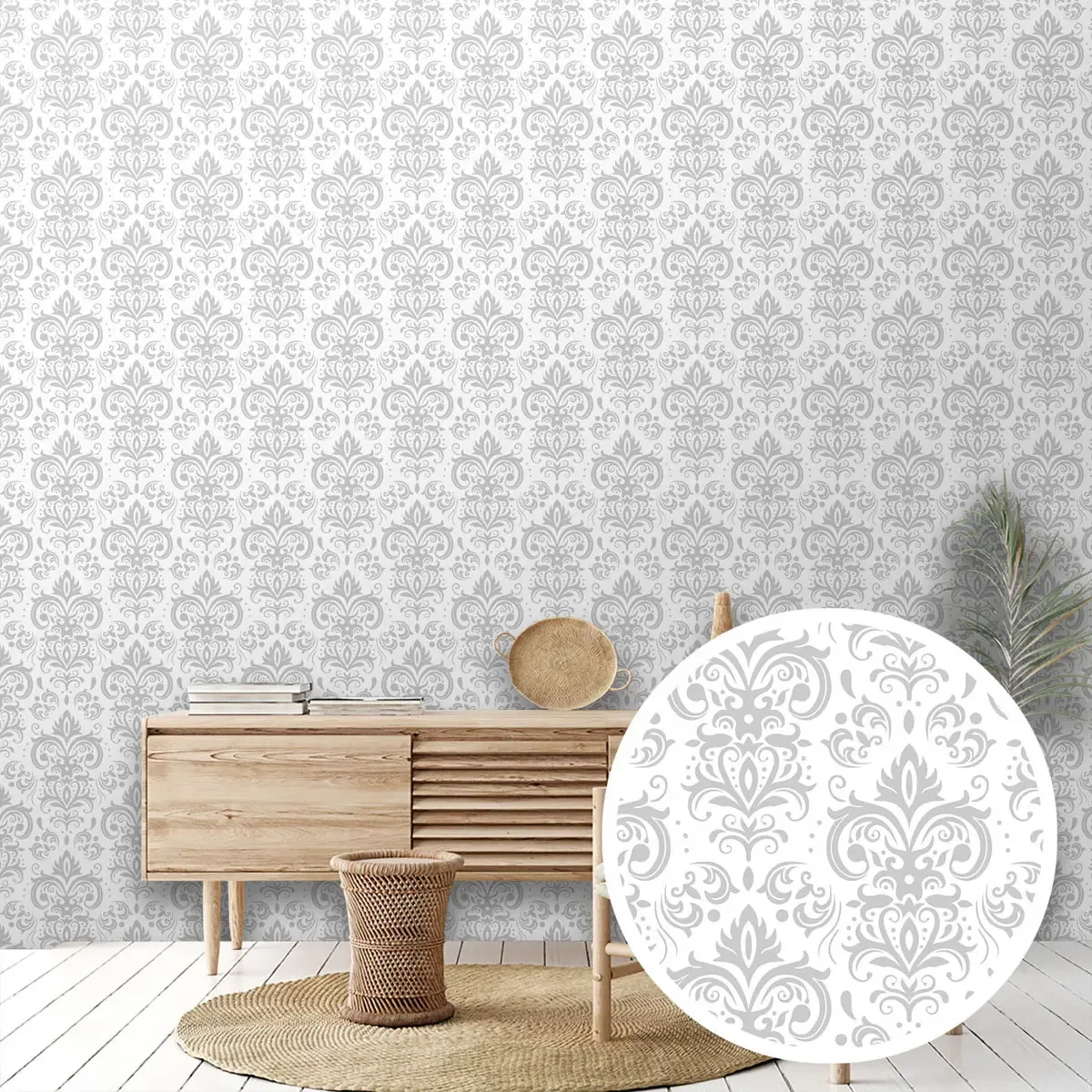 Adesivo Decorativo Papel Parede 3m Estampa Arabesco Floral Cinza Claro Fundo Branco Elegante