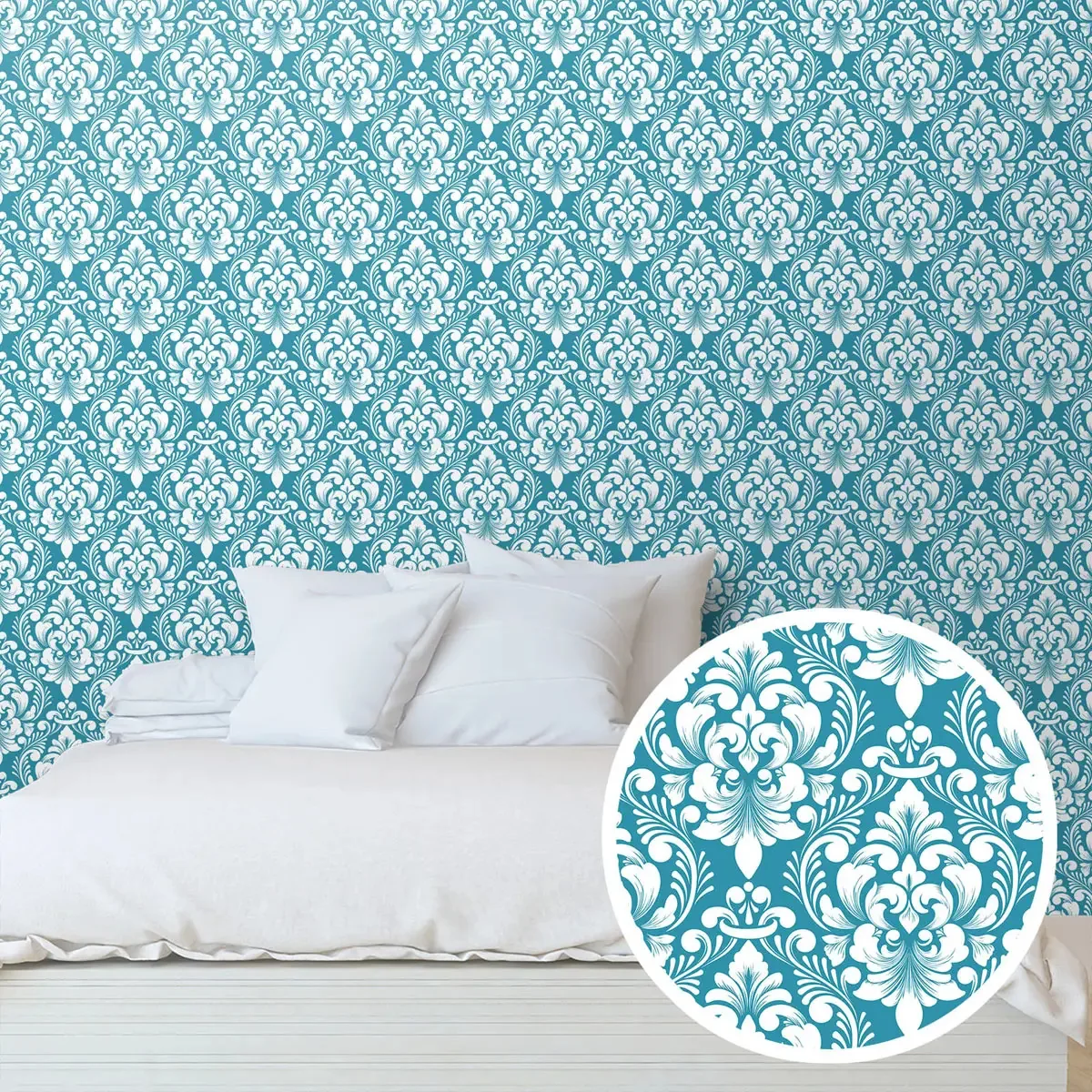 Adesivo Decorativo Papel Parede 3m Estampa Clássica Floral Arabesco Branco Fundo Azul-turquesa