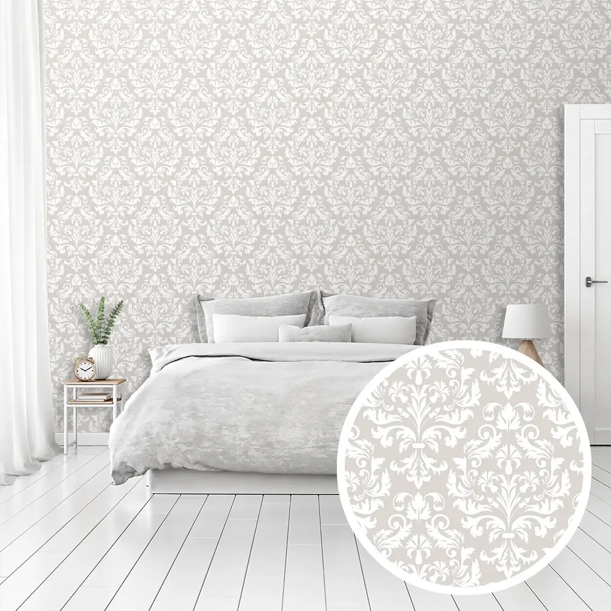 Adesivo Decorativo Papel Parede 3m Estampa Arabesco Folhagem Elegante Branco Sobre Fundo Bege