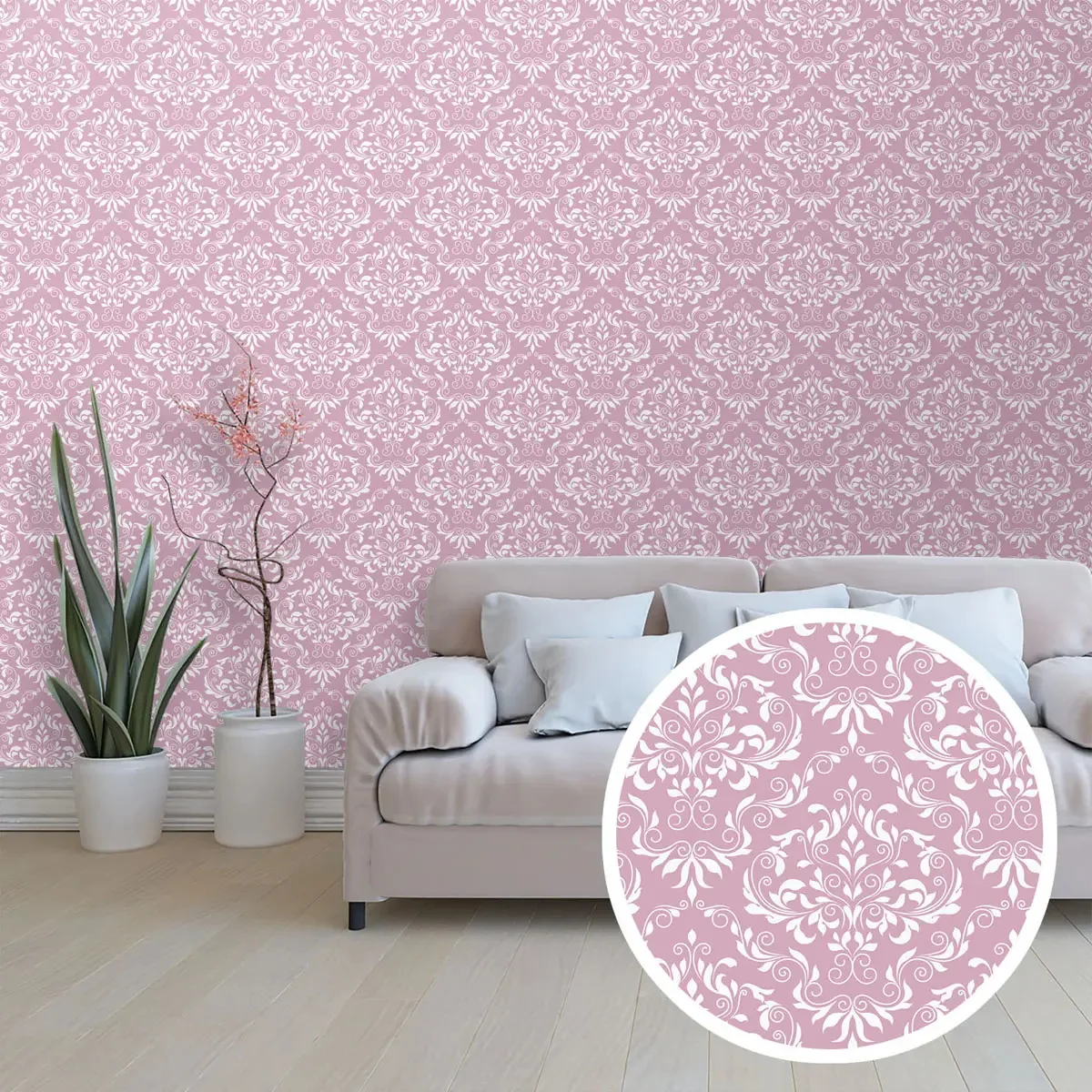 Adesivo Decorativo Papel Parede 3m Estampa Arabesco Folhagem Branca Fundo Rosa-pálido Delicado