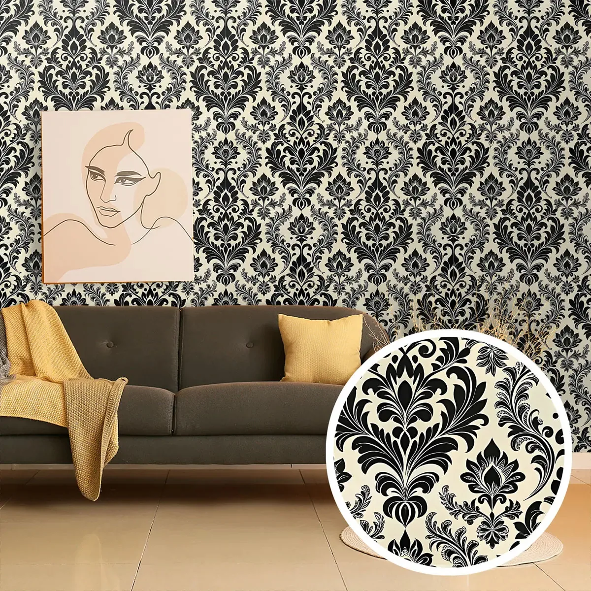 Adesivo Decorativo Papel Parede 3m Estampa Barroca Floral Folhas Arabescos Preto Creme