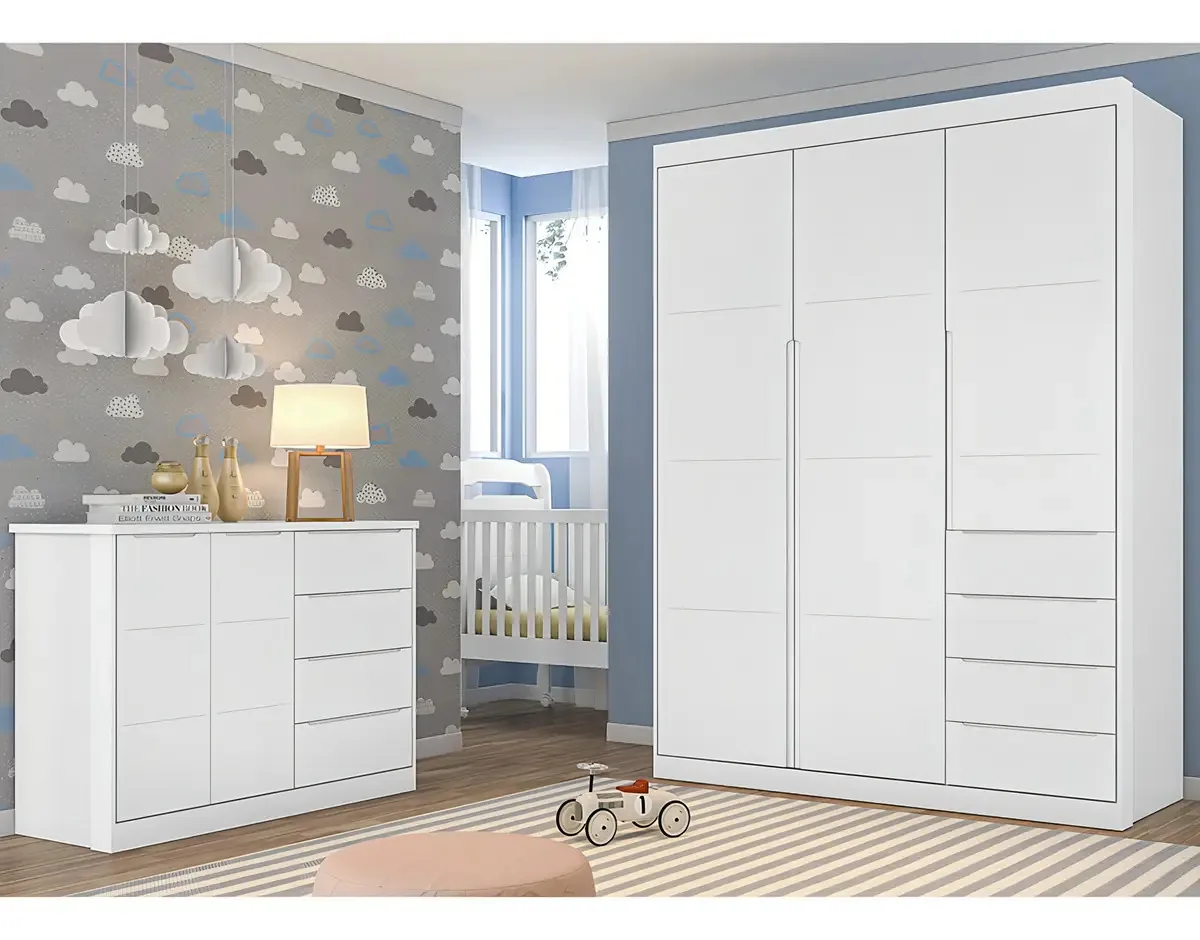 Jogo De Quarto Infantil Guarda Roupa E Cômoda Pérola Branco