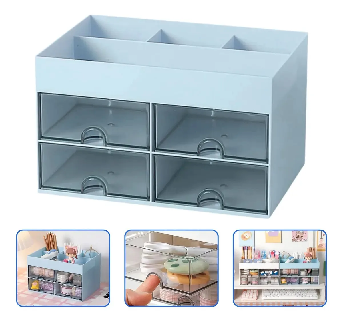 Organizador Mesa Porta Treco Gavetas Escritório Maquiagem Cor Azul