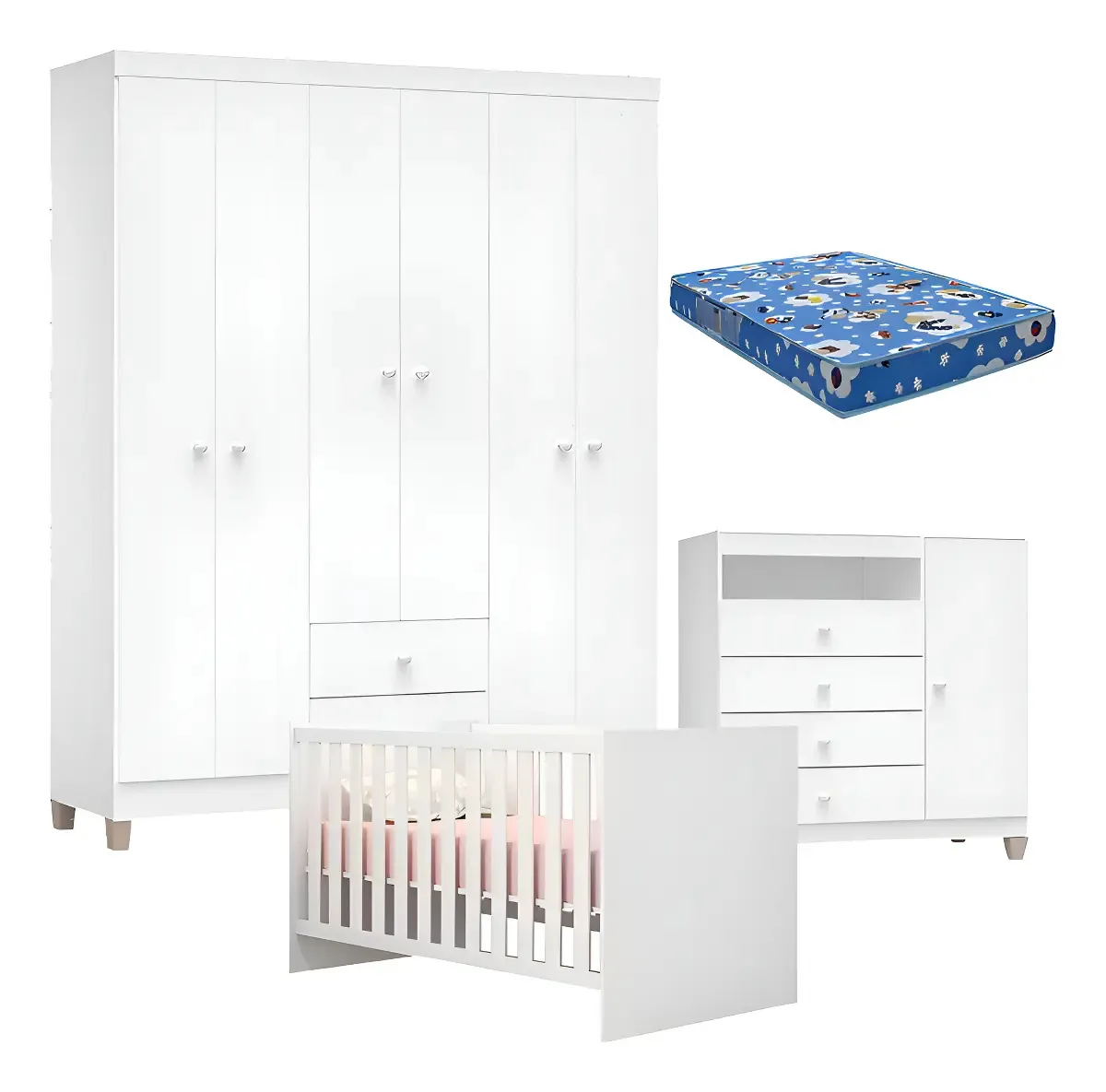 Quarto De Bebê 6p Ternura C/ Berço Doce Sonho E Colchão Branco