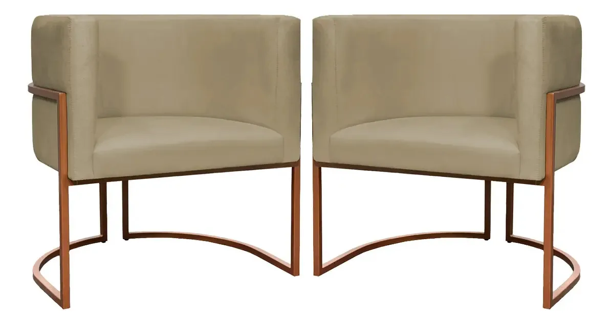 Kit 2 Poltronas Para Sala Decorativa Luna Suede Base Bronze Cor Nude
