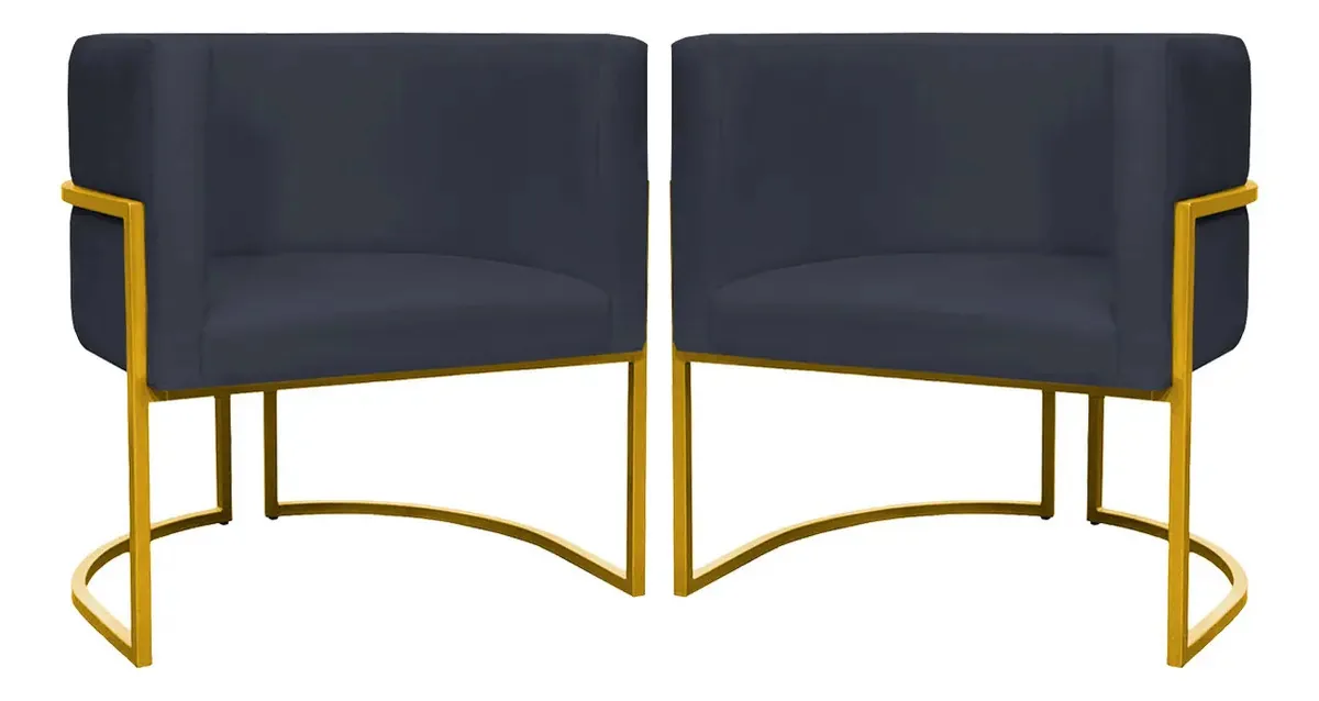 Clique & Decore Ammê Estofados Kit 2 Poltronas Para Sala Decorativa Luna Suede Base Dourada Cor Preto