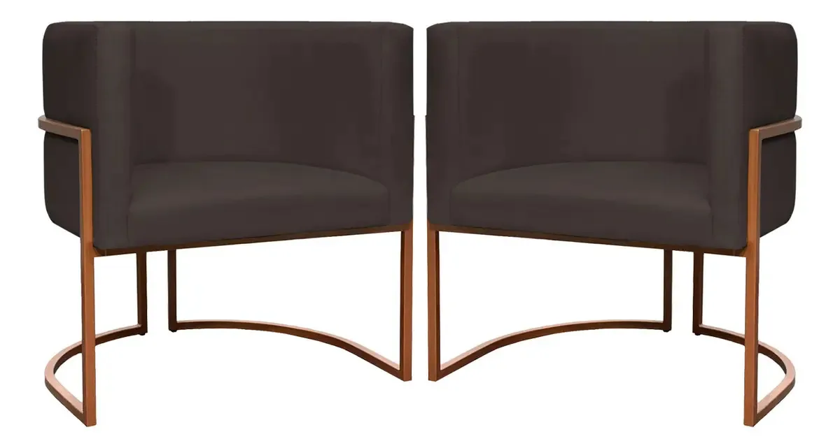 Kit 2 Poltronas Para Sala De Recepção Luna Suede Base Bronze Cor Marrom
