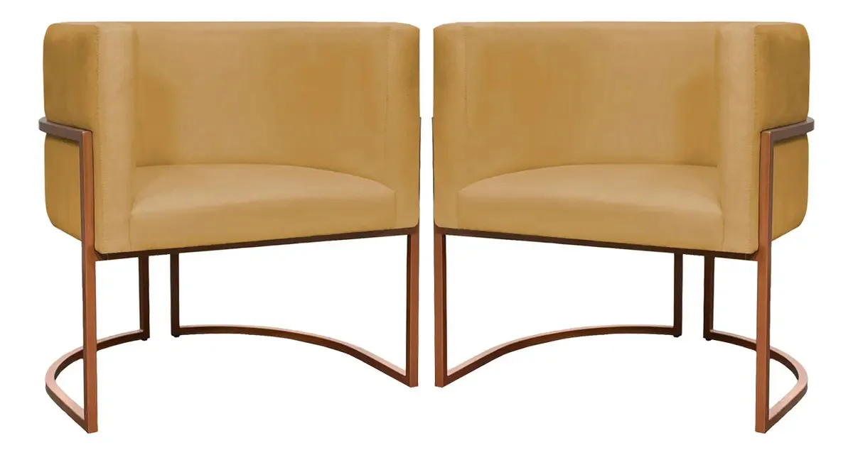 Kit 2 Poltronas Para Sala De Recepção Luna Suede Base Bronze Cor Mostarda