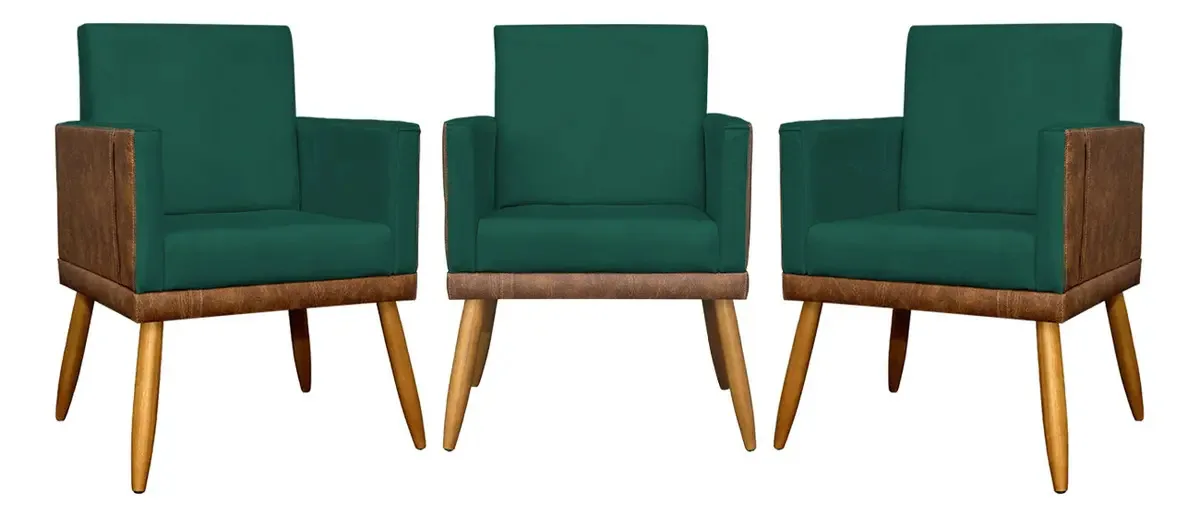 Kit 3 Poltronas Para Sala Lis Corino E Suede Cores Pé Palito Cor Verde