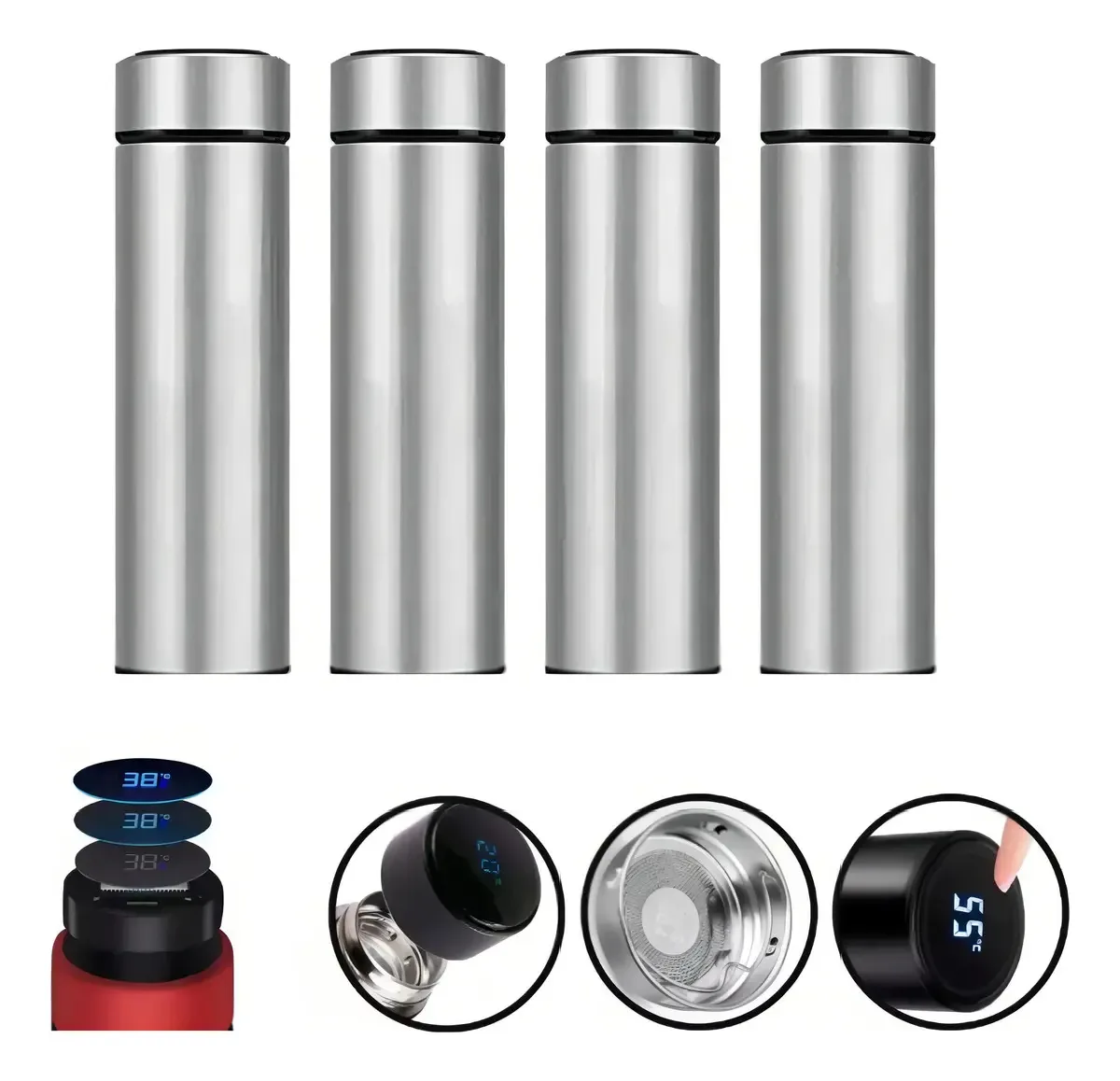Pack 4 Garrafas Térmicas Digitais de Aço Inoxidável com Termômetro LED