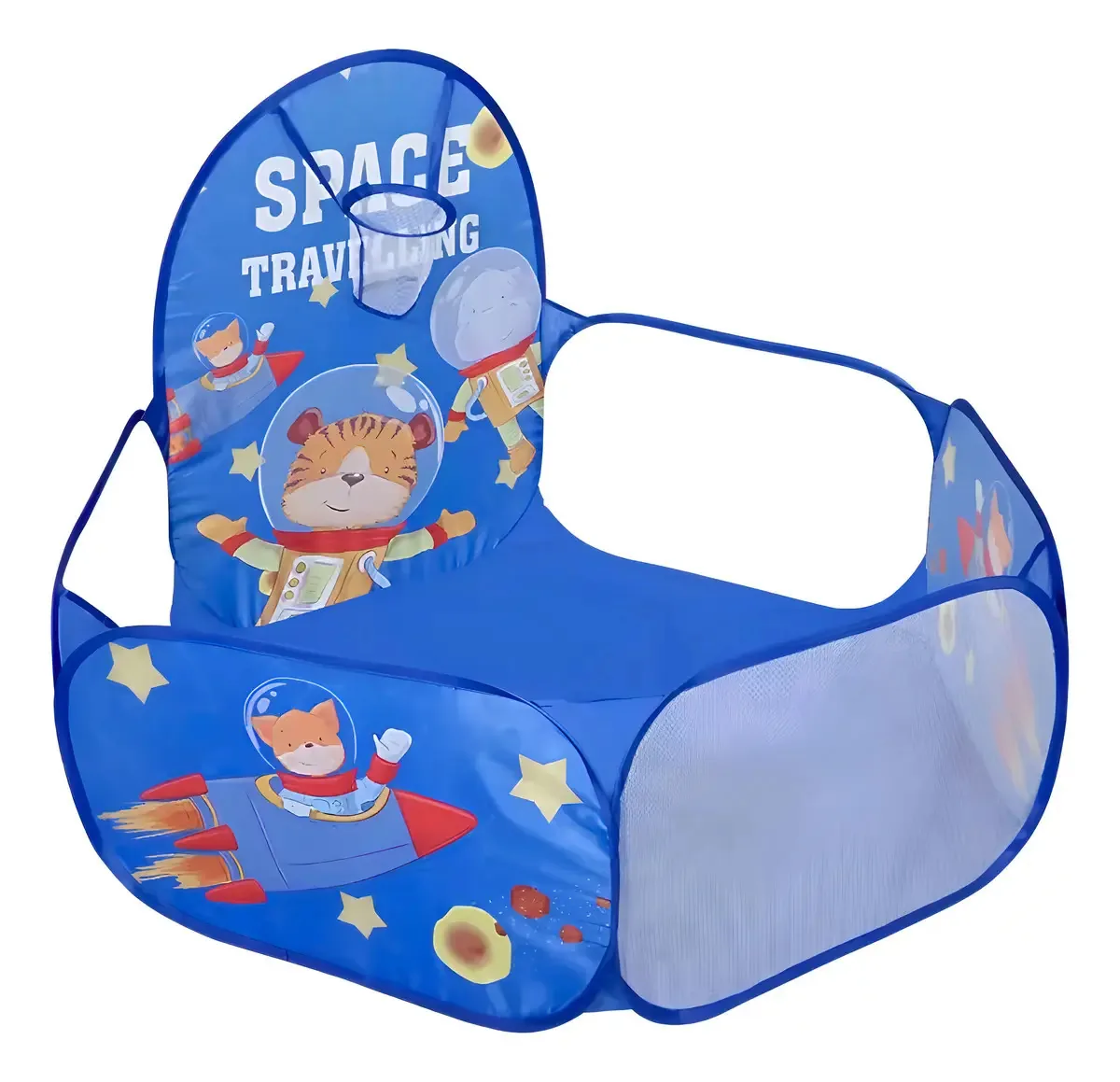 Piscina de Bolinhas Infantil Azul Astronauta com Cesta de Basquete 120cm bolsa para transporte