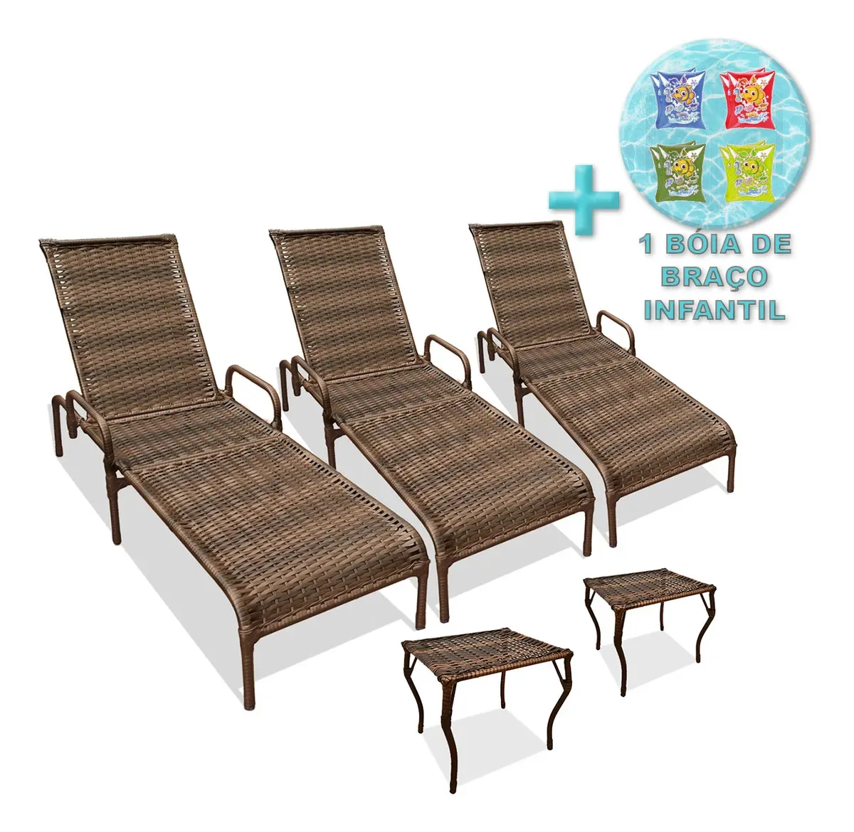 Kit 3 Espreguiçadeiras Para Piscina Catar E 2 Mesas + Cor Argila