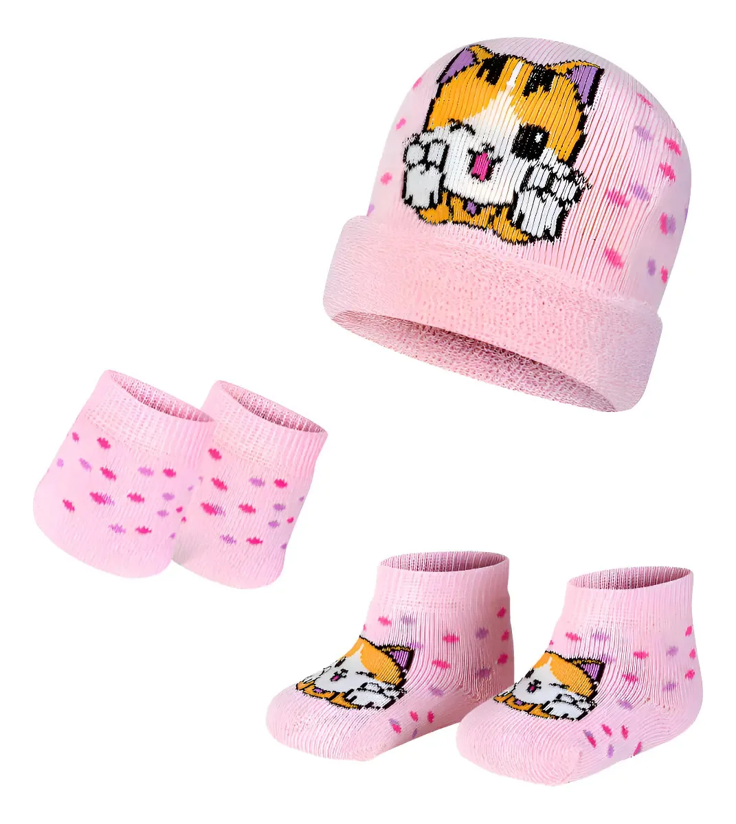 Kit Maternidade Bebê Meia Luva E Touca Recém-nascido Fofo Cor Rosa Bebê Gatinho