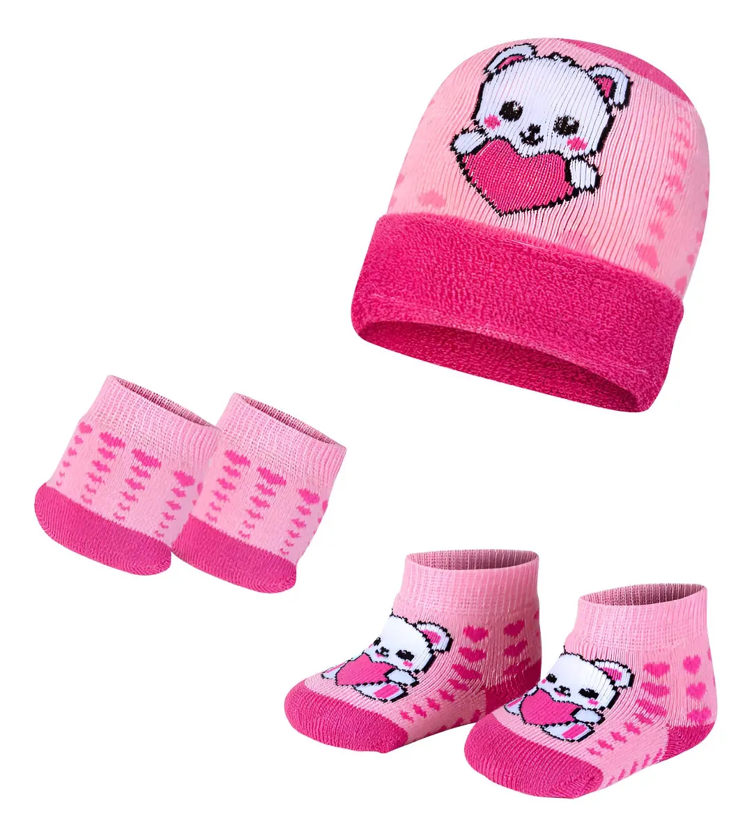 Kit Maternidade Bebê Meia Luva E Touca Recém-nascido Fofo Cor Pink Ursinho
