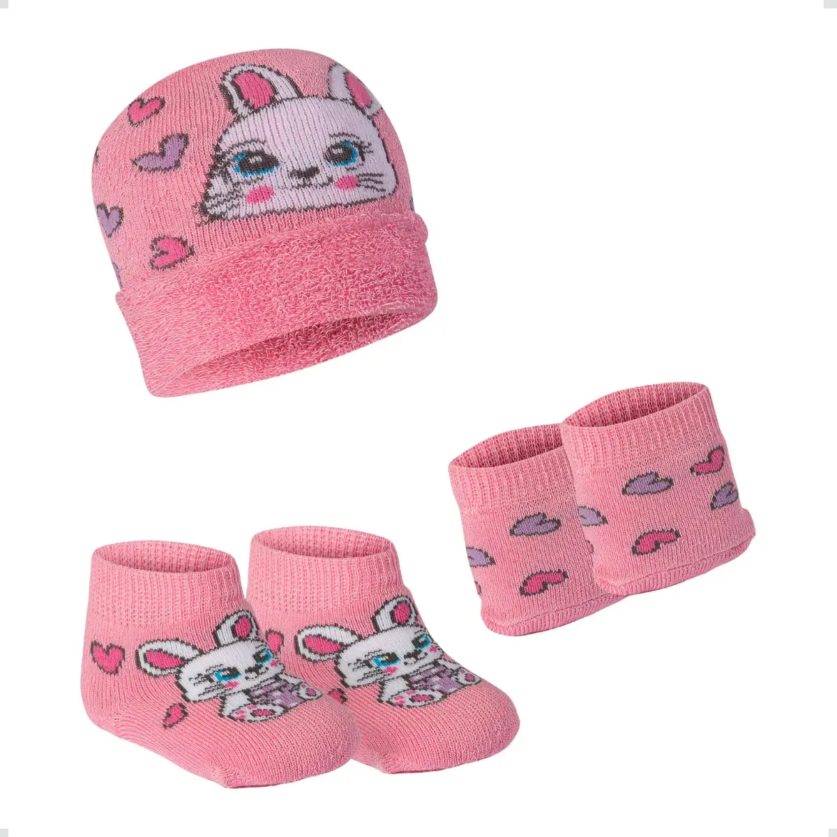 Kit Maternidade Bebê Meia Luva E Touca Recém-nascido Fofo Cor Rosa Coelhinho