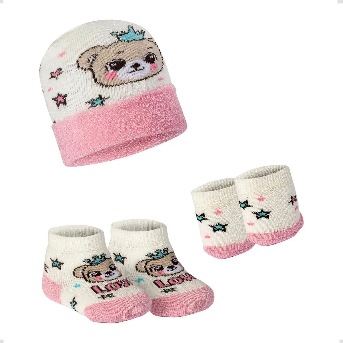 Kit Maternidade Bebê Meia Luva E Touca Recém-nascido Fofo Cor Branco/rosa Ursinho