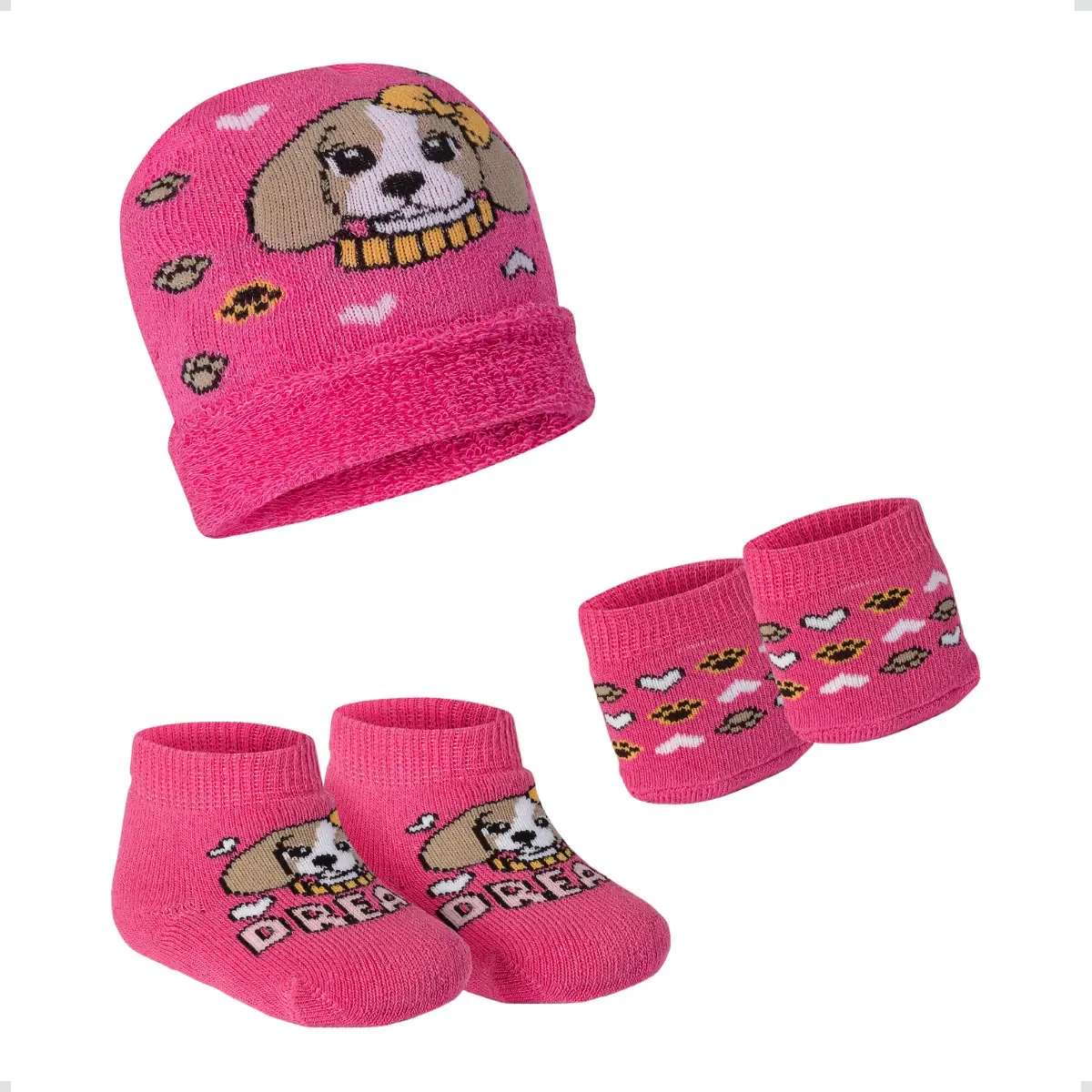 Kit Maternidade Bebê Meia Luva E Touca Recém-nascido Fofo Cor Pink Cachorrinho