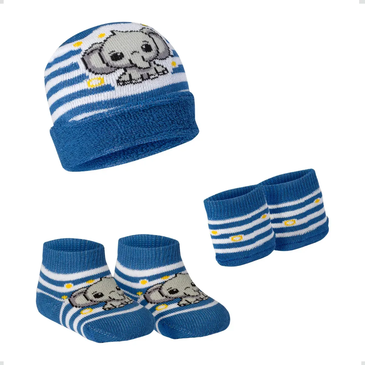 Kit Maternidade Bebê Meia Luva E Touca Recém-nascido Fofo Cor Azul/branco Elefante