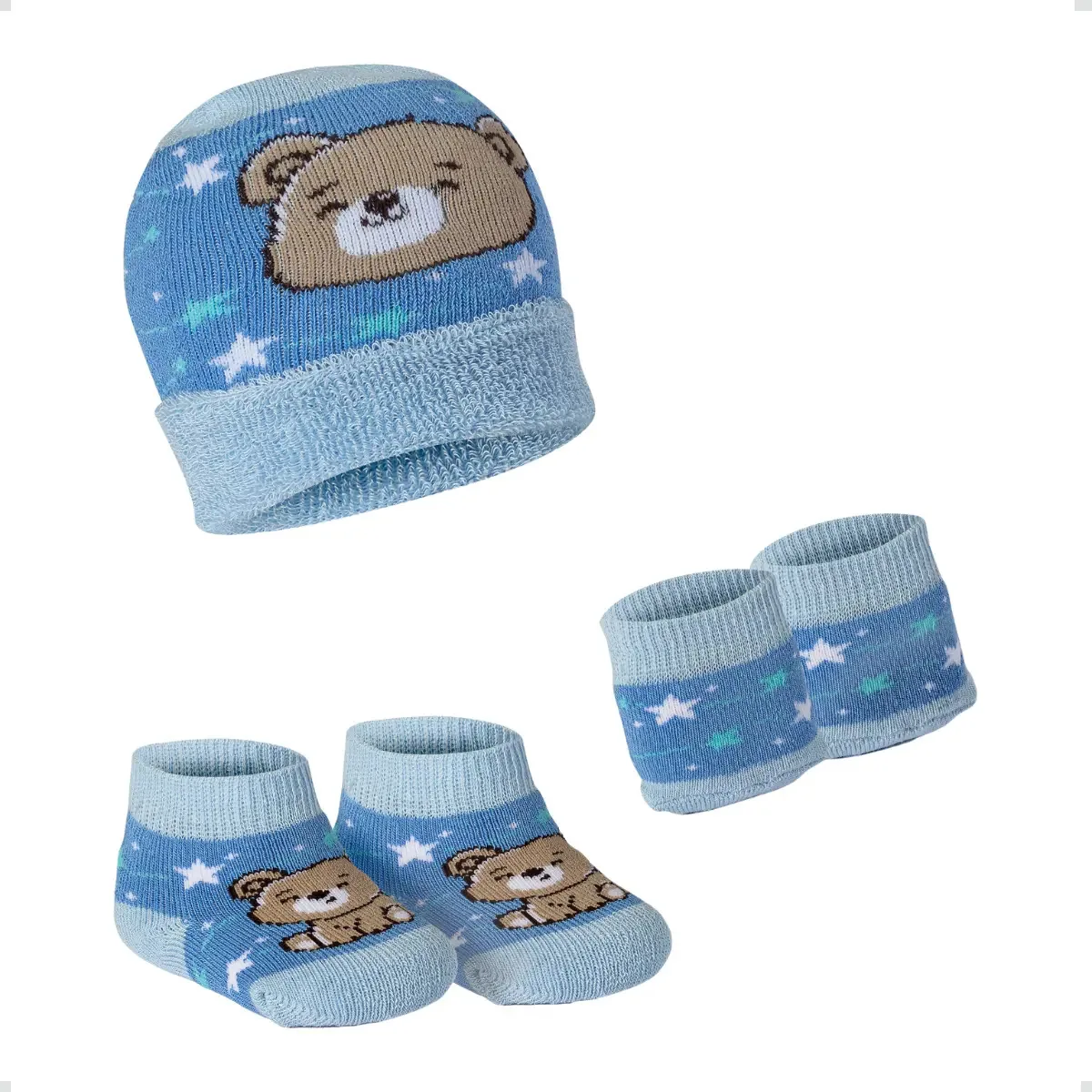 Kit Maternidade Bebê Meia Luva E Touca Recém-nascido Fofo Cor Azul Ursinho