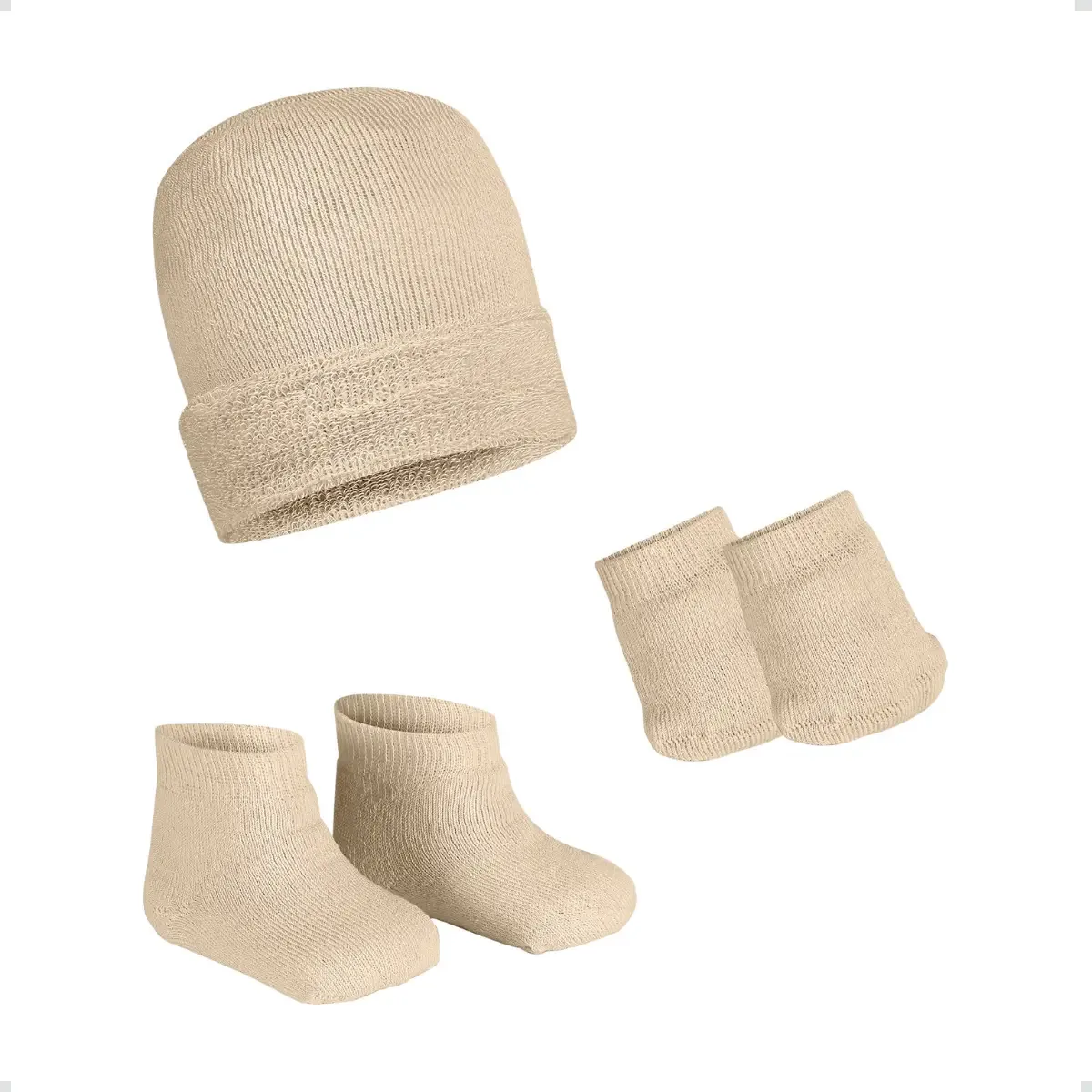 Kit Maternidade Bebê Meia Luva E Touca Recém-nascido Fofo Cor Bege