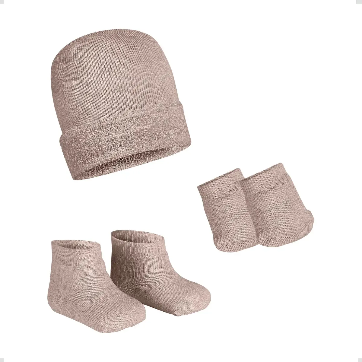 Kit Maternidade Bebê Meia Luva E Touca Recém-nascido Fofo Cor Marrom