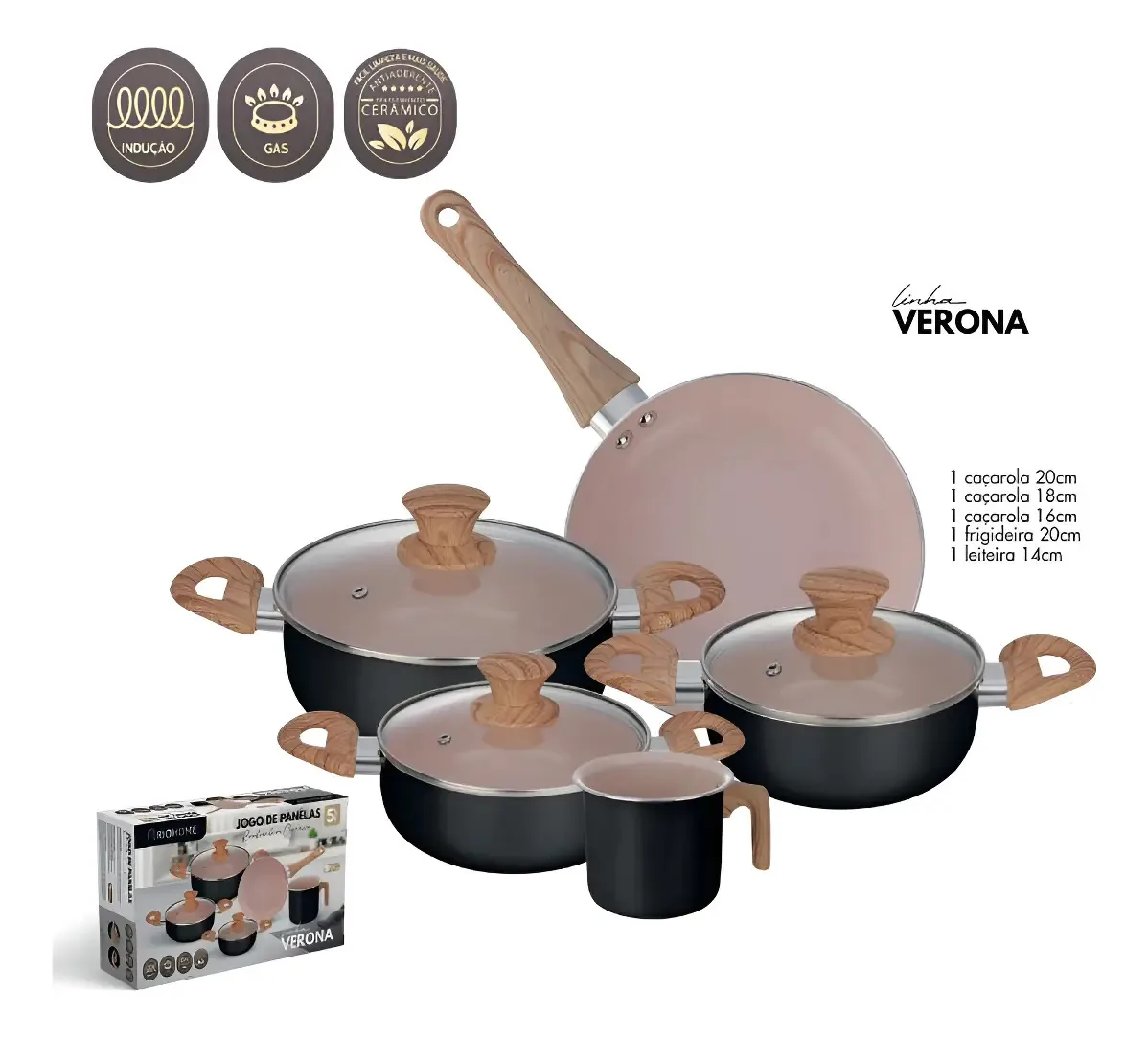 Jg De Panela Riohome 5pcs Linha Verona Inducao 2mm Preto