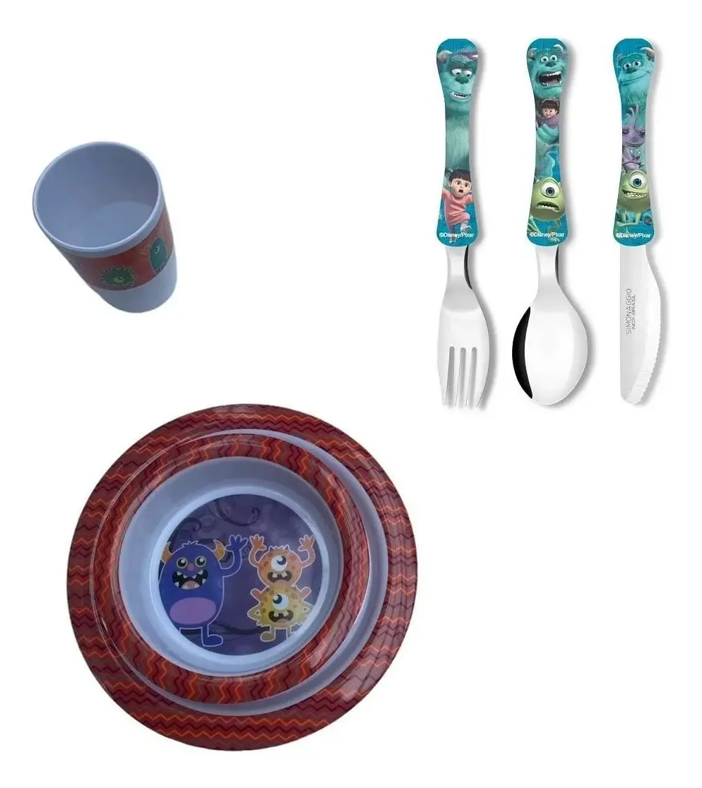 Conjunto Utensilios do Chef Pratos Copo e Talheres Tema Monstros Cinza