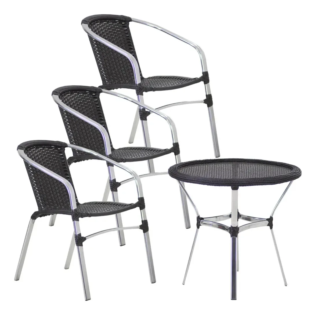 3 Cadeiras Floripa E Mesa Tampo Tramado Piscina Jardim Trama Cor Preto