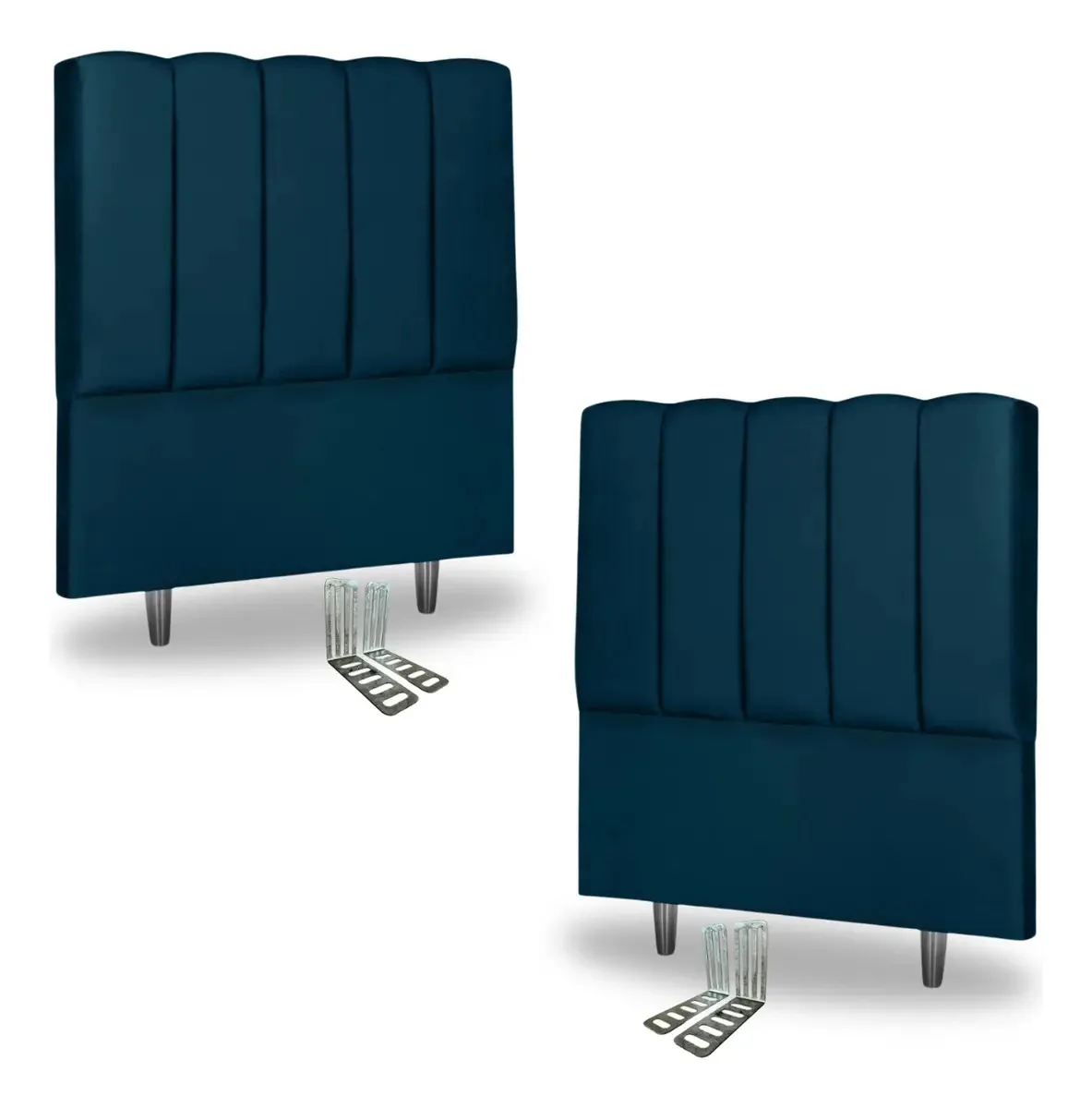 Kit 2 Cabeceiras Solteiro Estofada 90cm Veludo Madeira Carla Azul-escuro