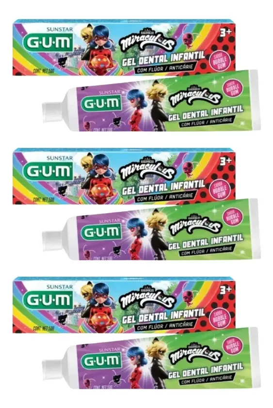 Creme Dental Infantil Gum 50g Miraculous Chiclete- Kit C/3un