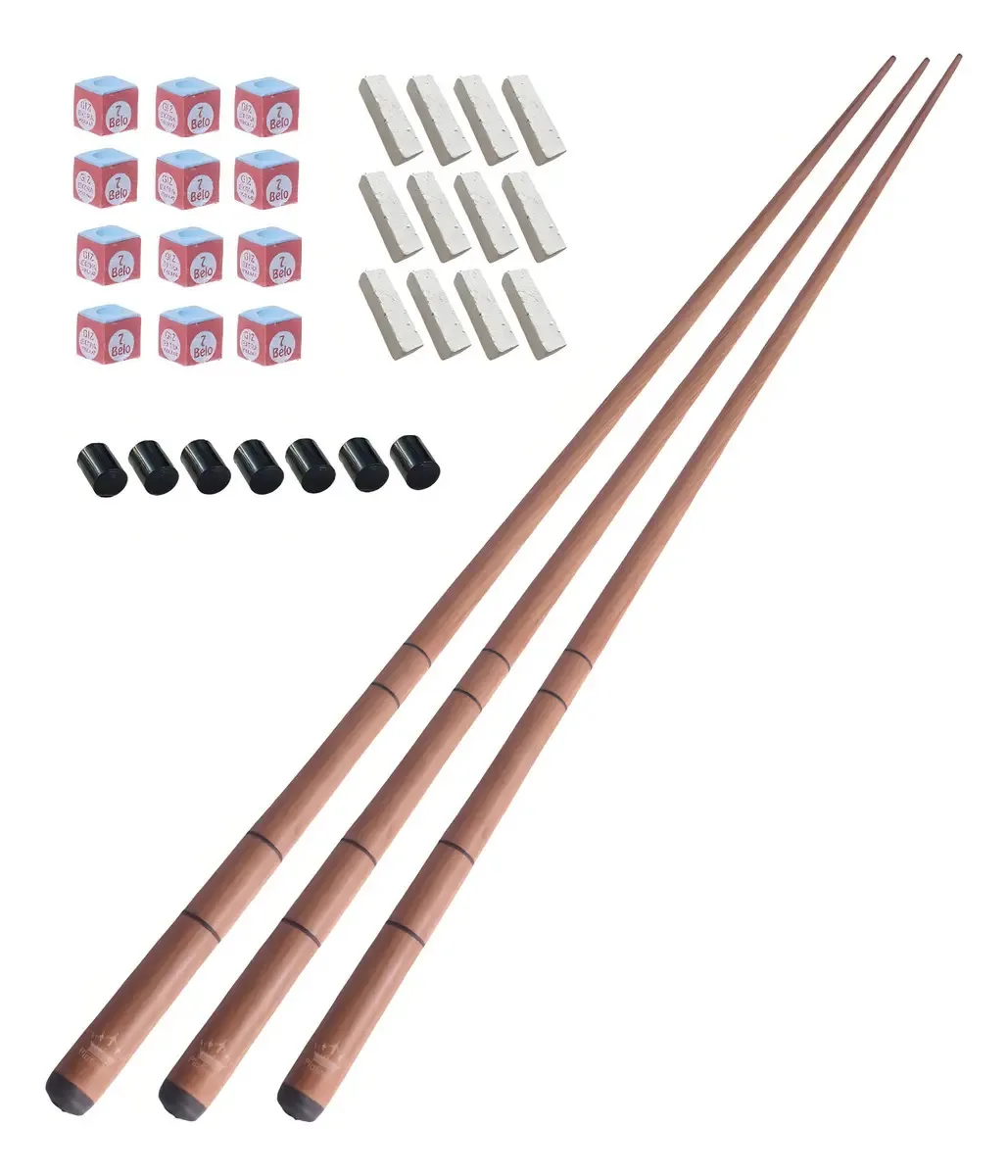 3 Tacos Bar Sinuca Snooker Ipê 1.45m + Kit Giz + 6 Virolas Cor Natural Anéis Peso 450 g