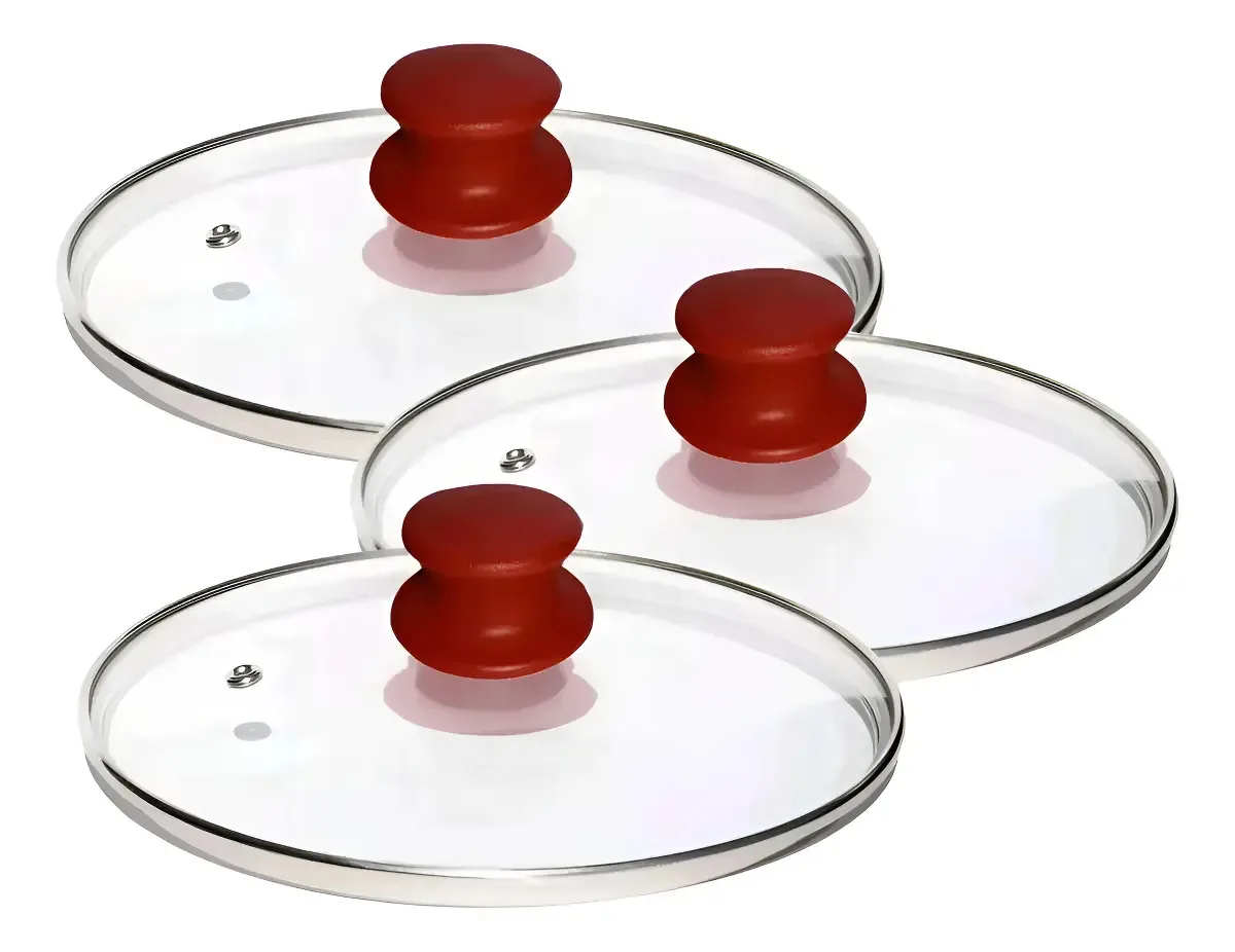 Jogo 3 Tampas Vidro Temperado Transparente 14 18 22cm Pomel Vermelho